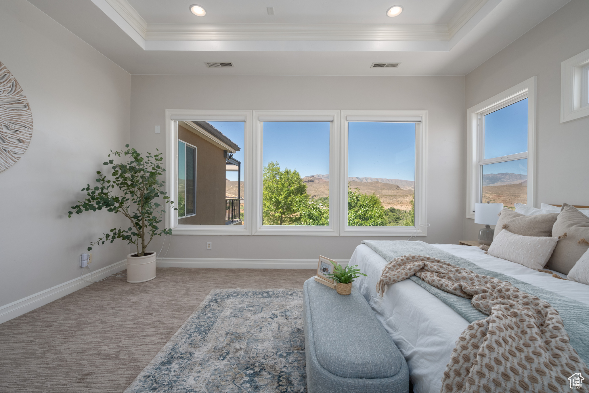 Carpeted bedroom with multiple windows, a tray ceiling, and ornamental molding