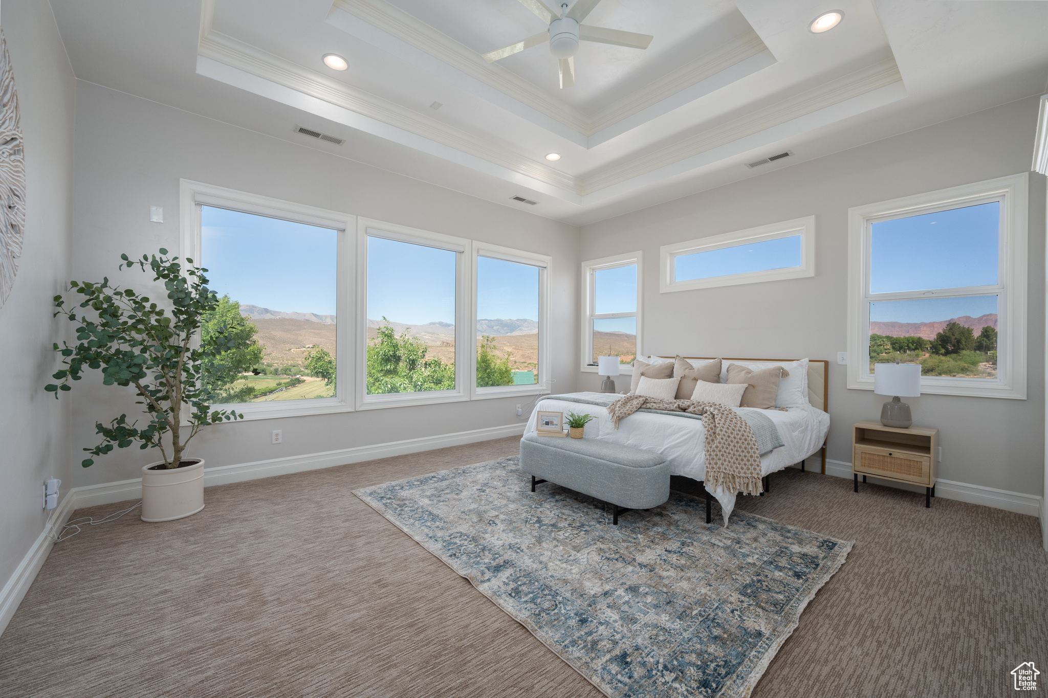 Bedroom featuring a tray ceiling, ceiling fan, carpet floors, and crown molding