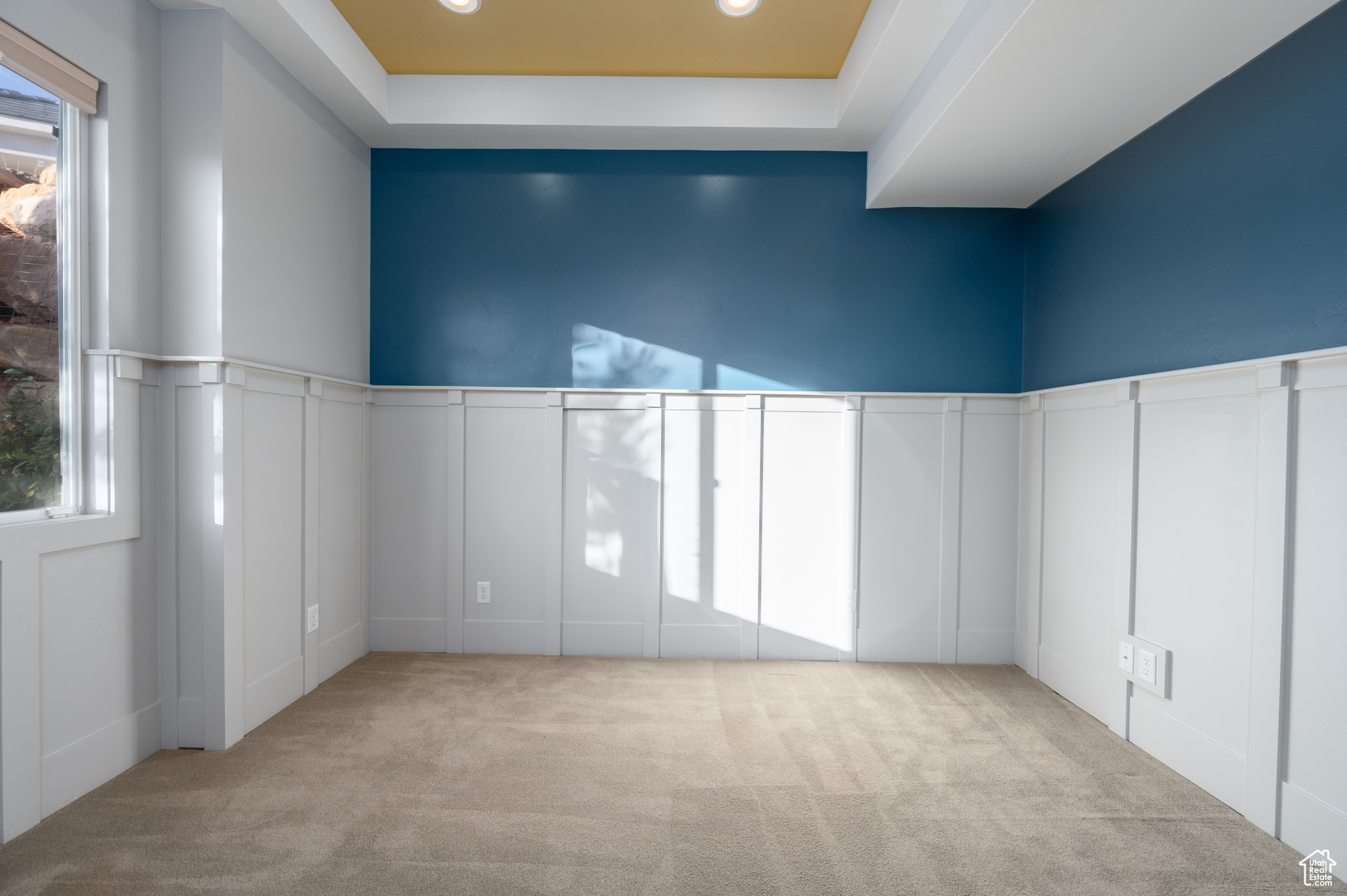 Carpeted empty room featuring a raised ceiling