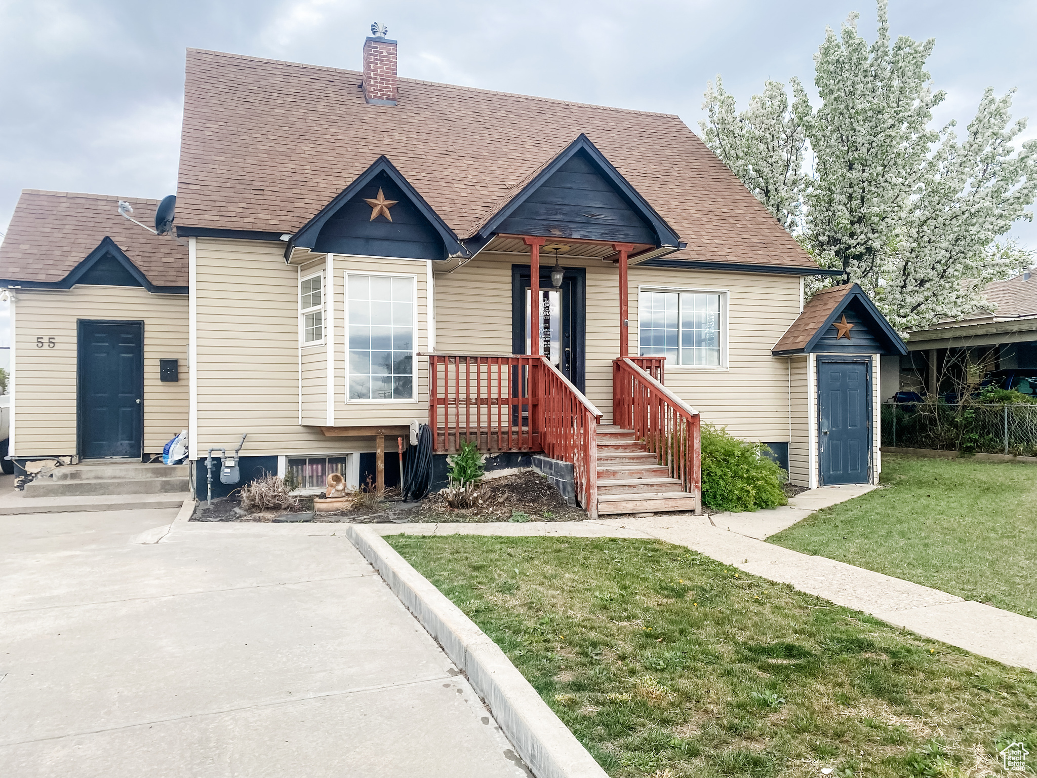 Left and Right Doors are access to basement apartment.  Middle Door is access to main office space.