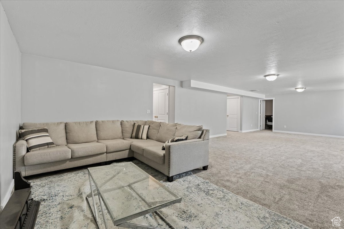 Carpeted living room featuring a textured ceiling