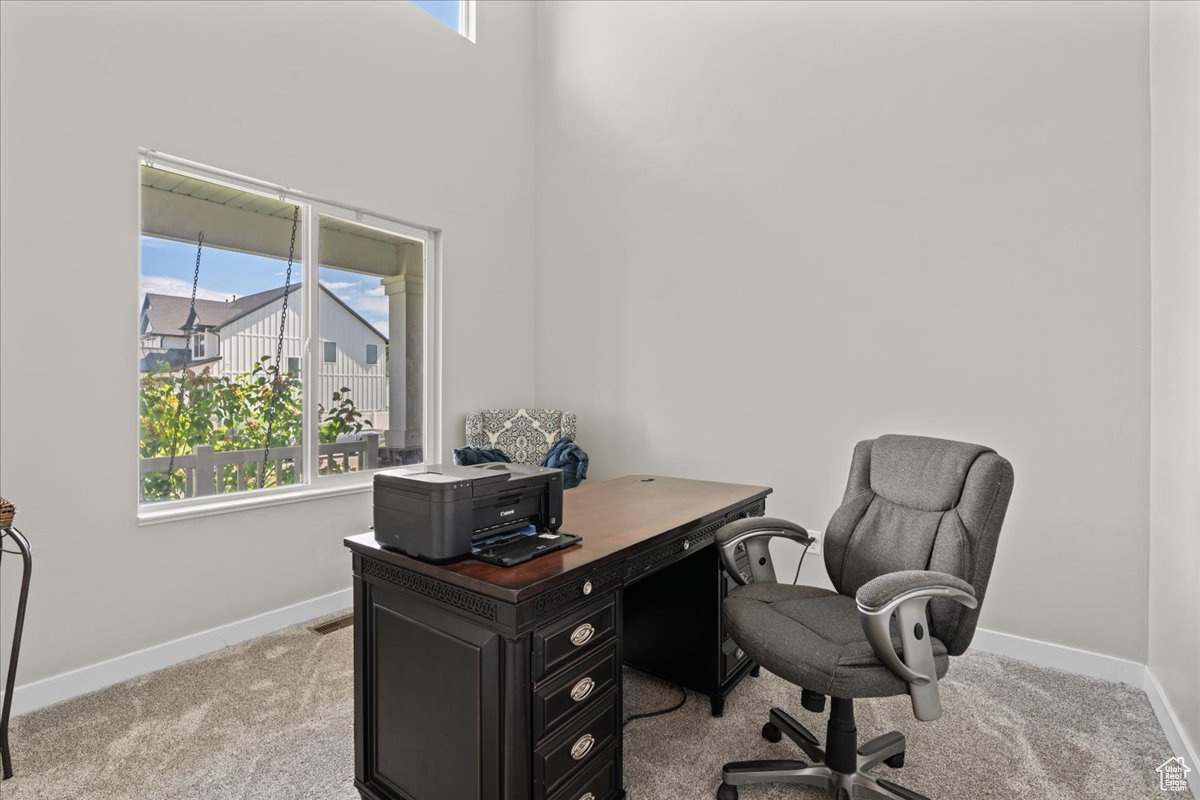 Carpeted home office featuring a healthy amount of sunlight