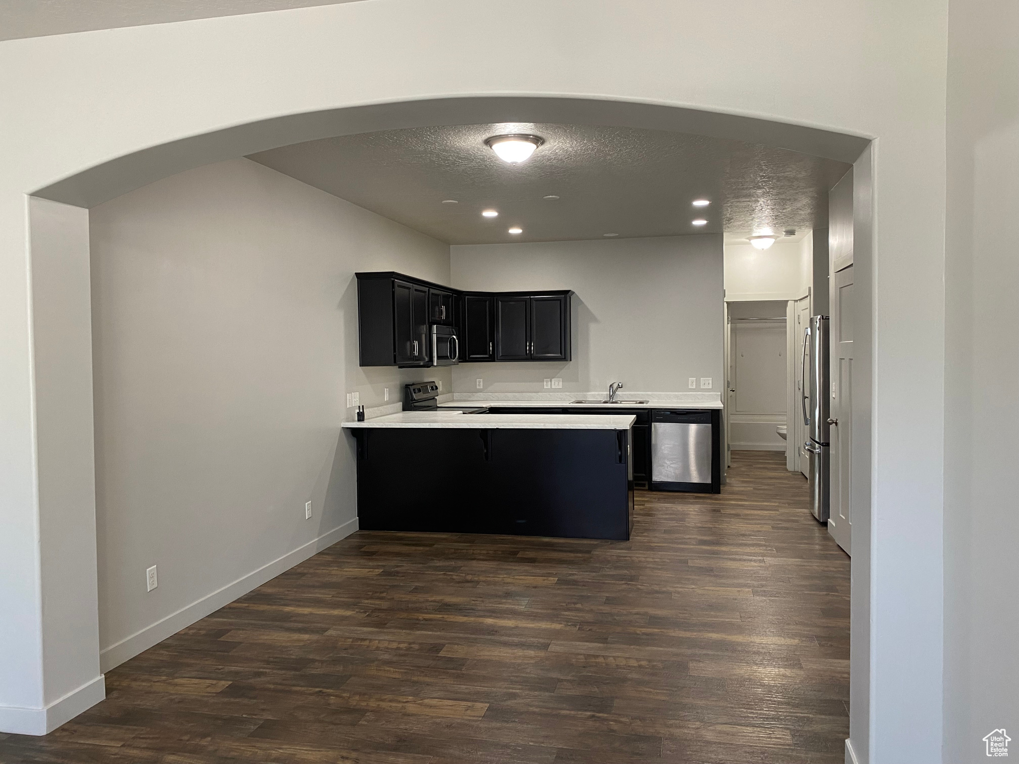 Kitchen with sink, stainless steel appliances, dark hardwood / wood-style floors, and kitchen peninsula