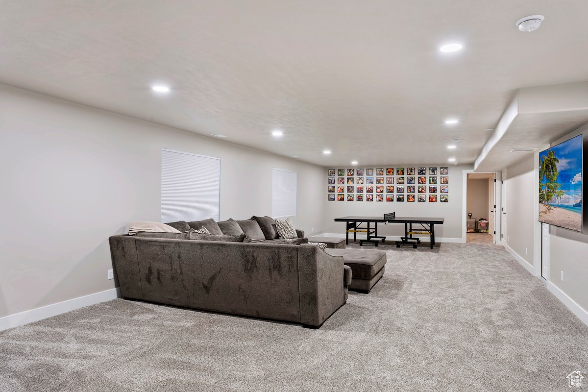 Living room with carpet floors