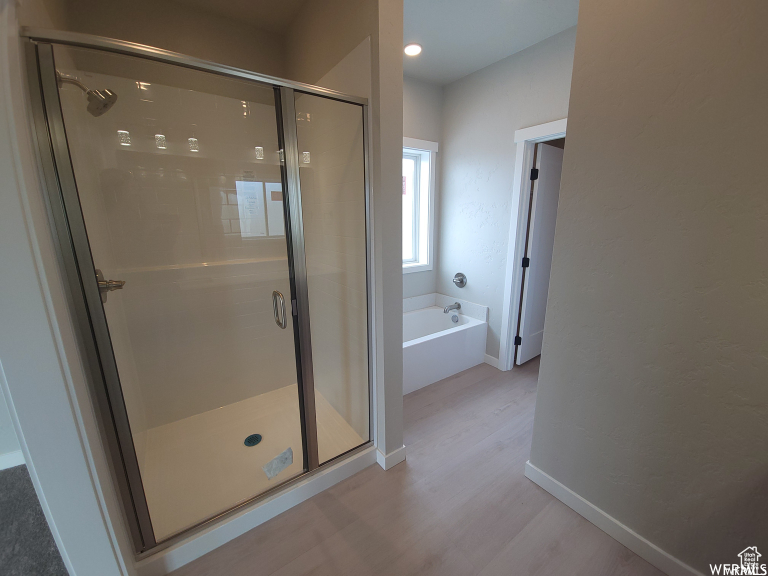 Bathroom with independent shower and bath and hardwood / wood-style floors