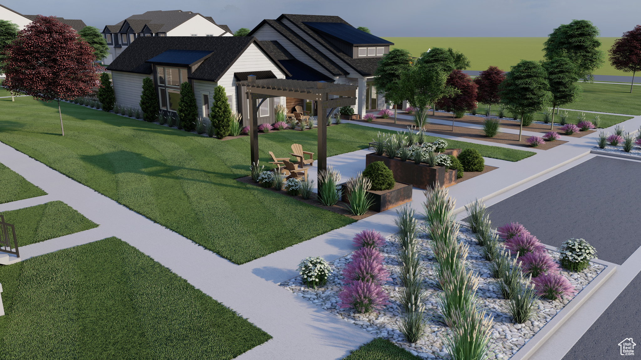 Surrounding community with a pergola and a yard