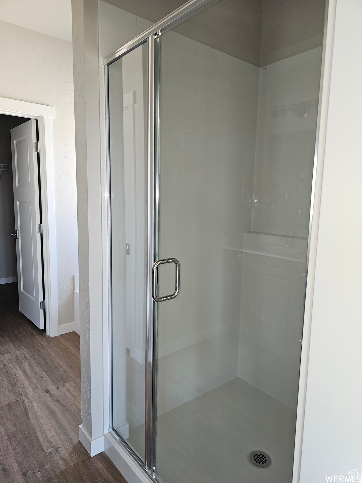 Bathroom with walk in shower and hardwood / wood-style floors