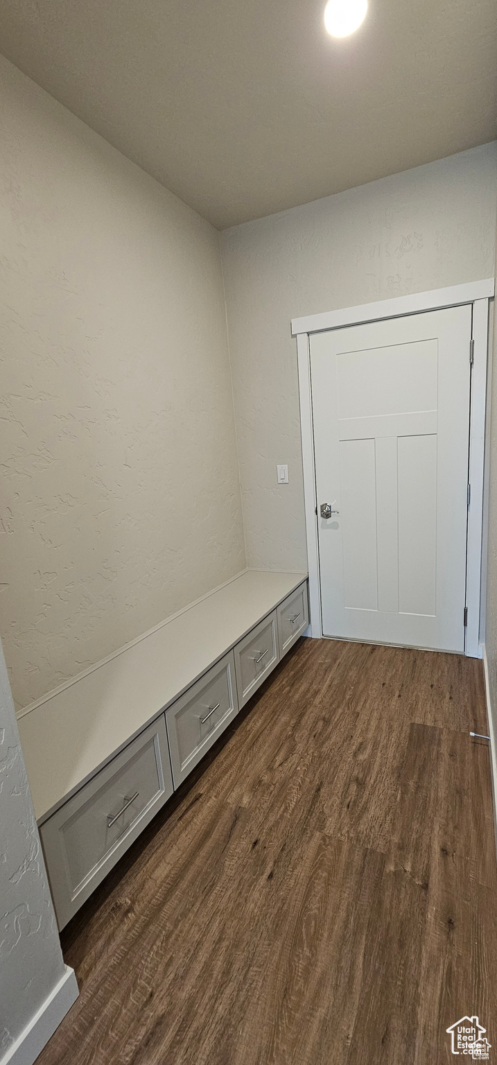 Mudroom featuring dark wood-type flooring