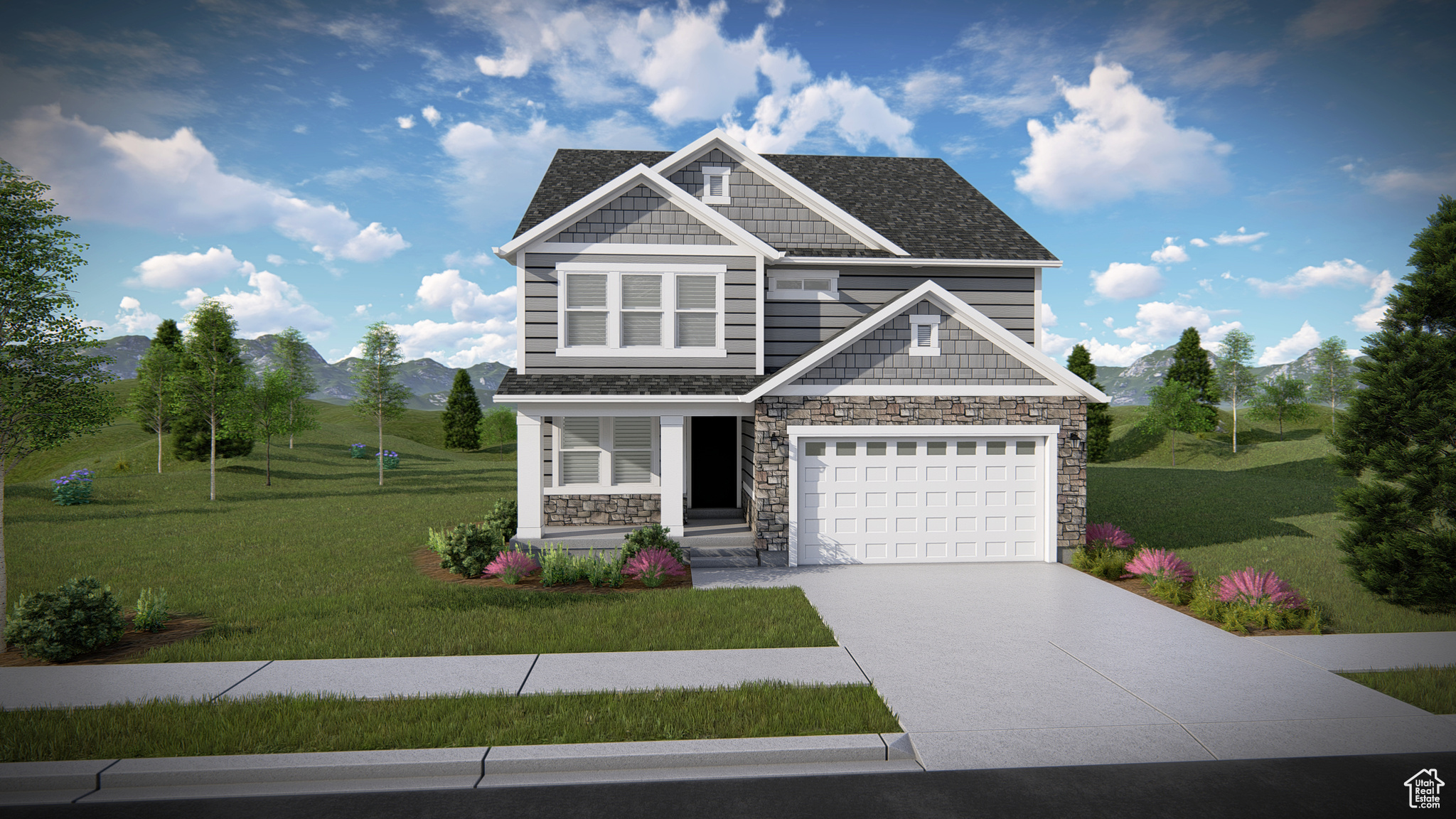 View of front facade with a front lawn and a garage