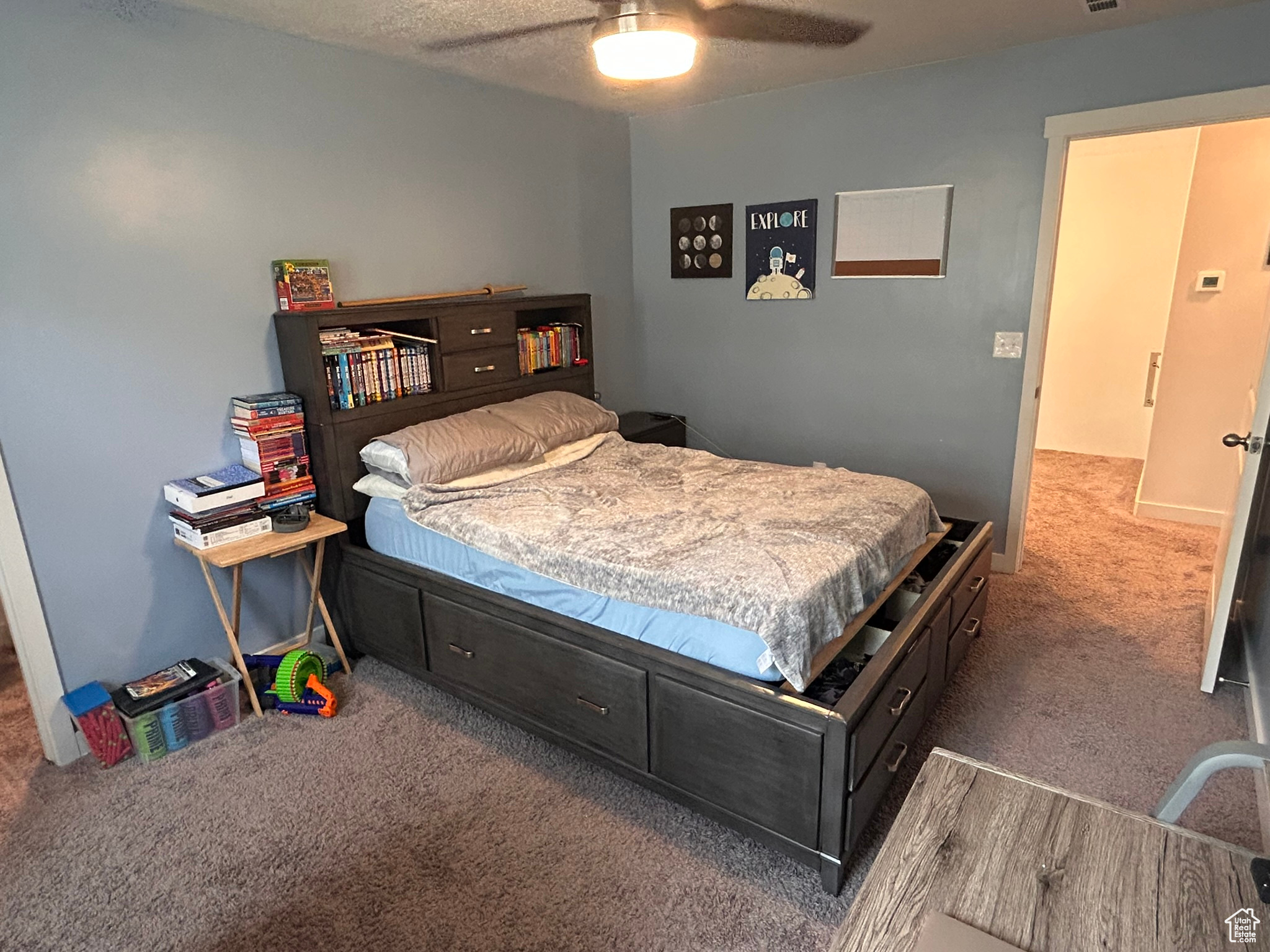 Carpeted bedroom with ceiling fan