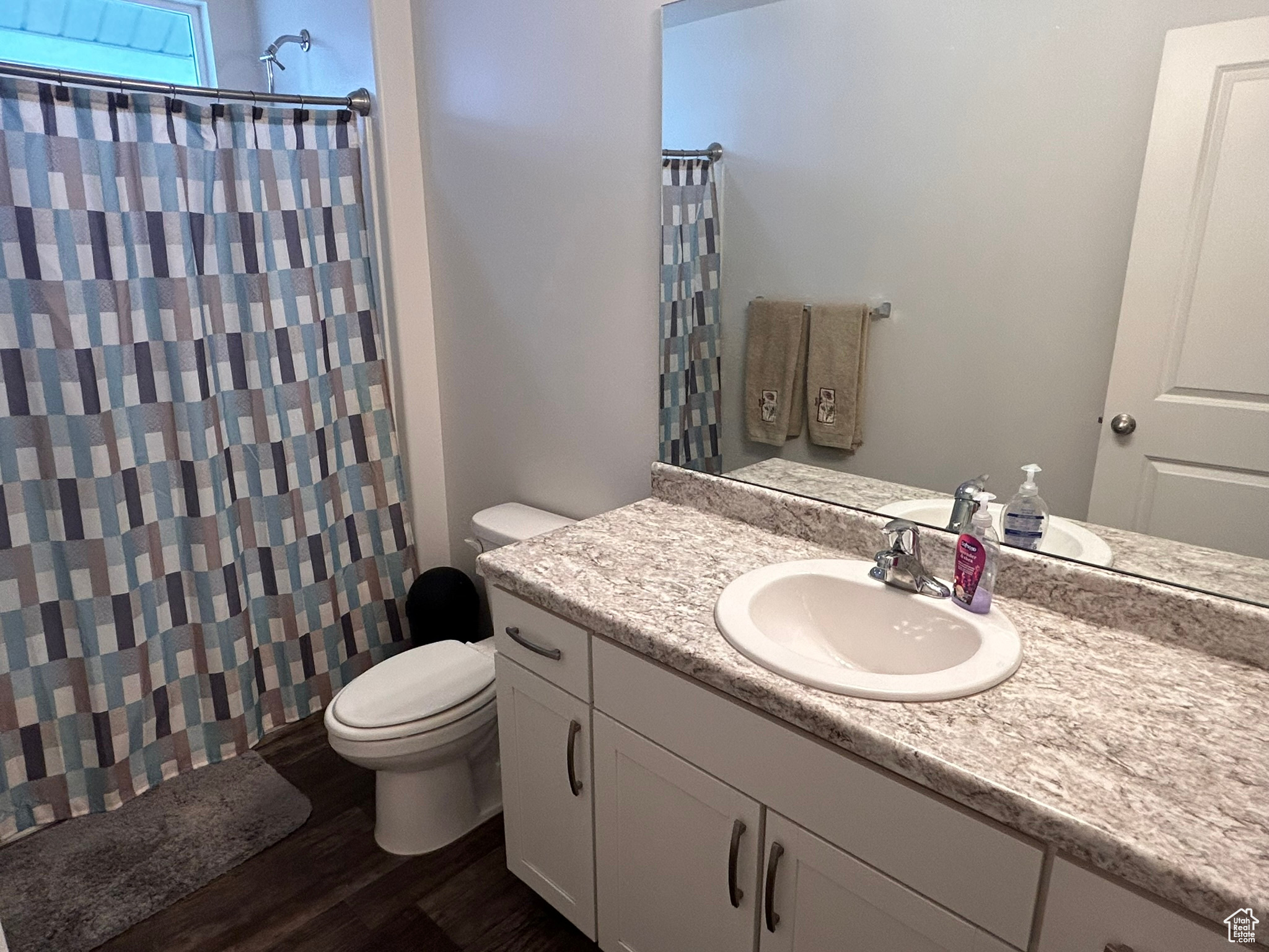 Bathroom featuring hardwood / wood-style floors, toilet, and large vanity