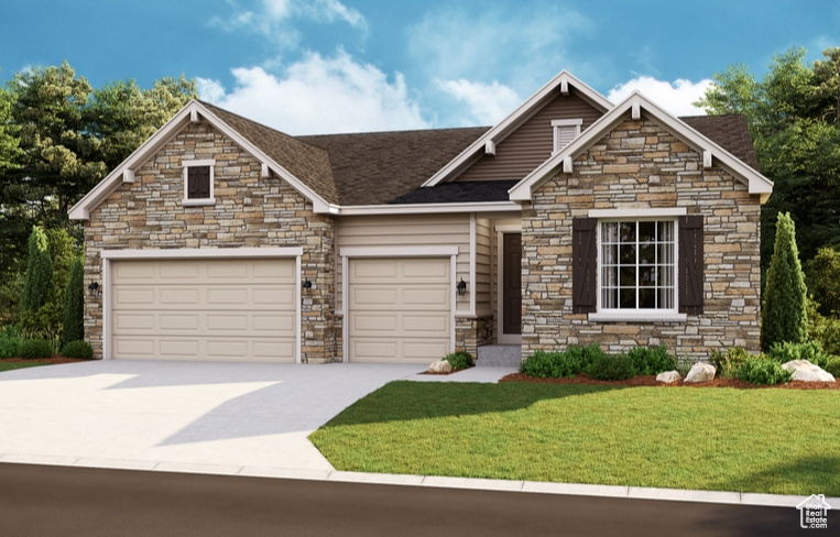 Craftsman inspired home with a garage and a front yard