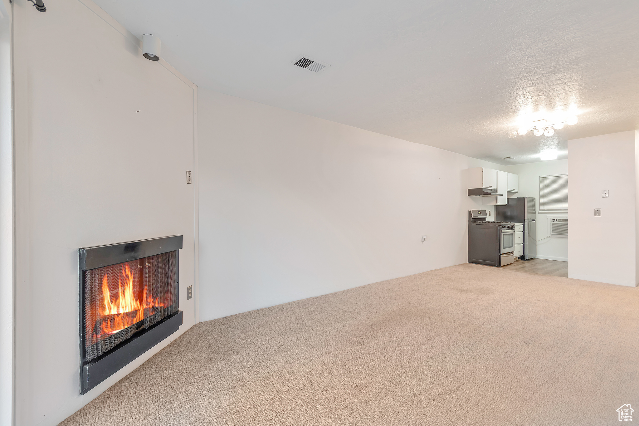 Unfurnished living room featuring light colored carpet