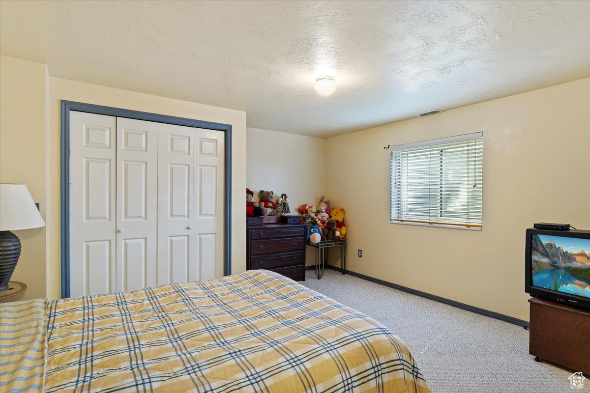 Bedroom with a closet and carpet flooring