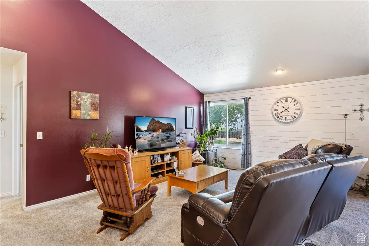 Living room featuring a textured ceiling, light colored carpet, and lofted ceiling