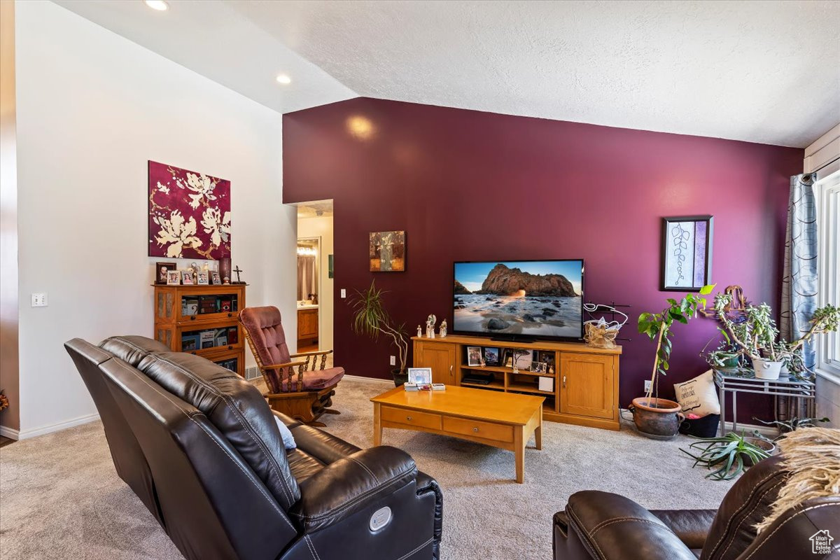 Living room with a textured ceiling, carpet floors, and lofted ceiling