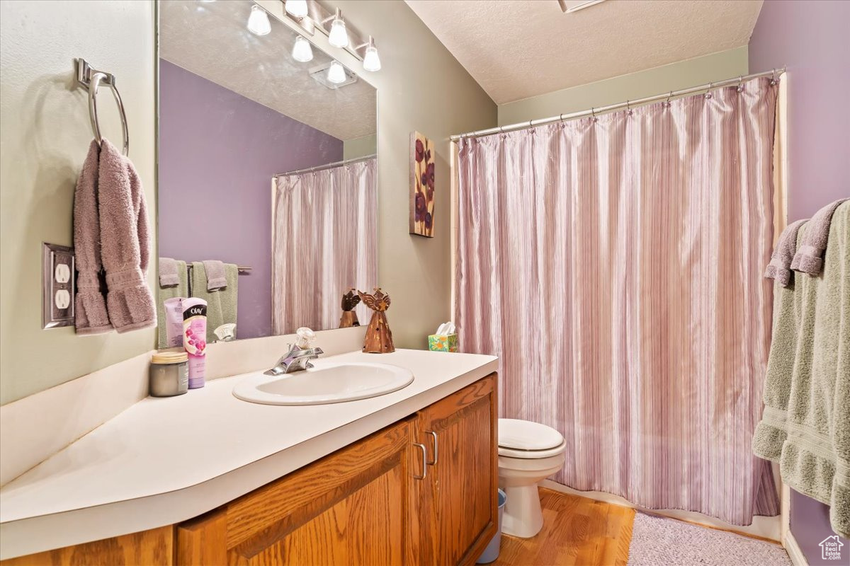 Bathroom featuring hardwood / wood-style flooring, vanity, toilet, and a textured ceiling