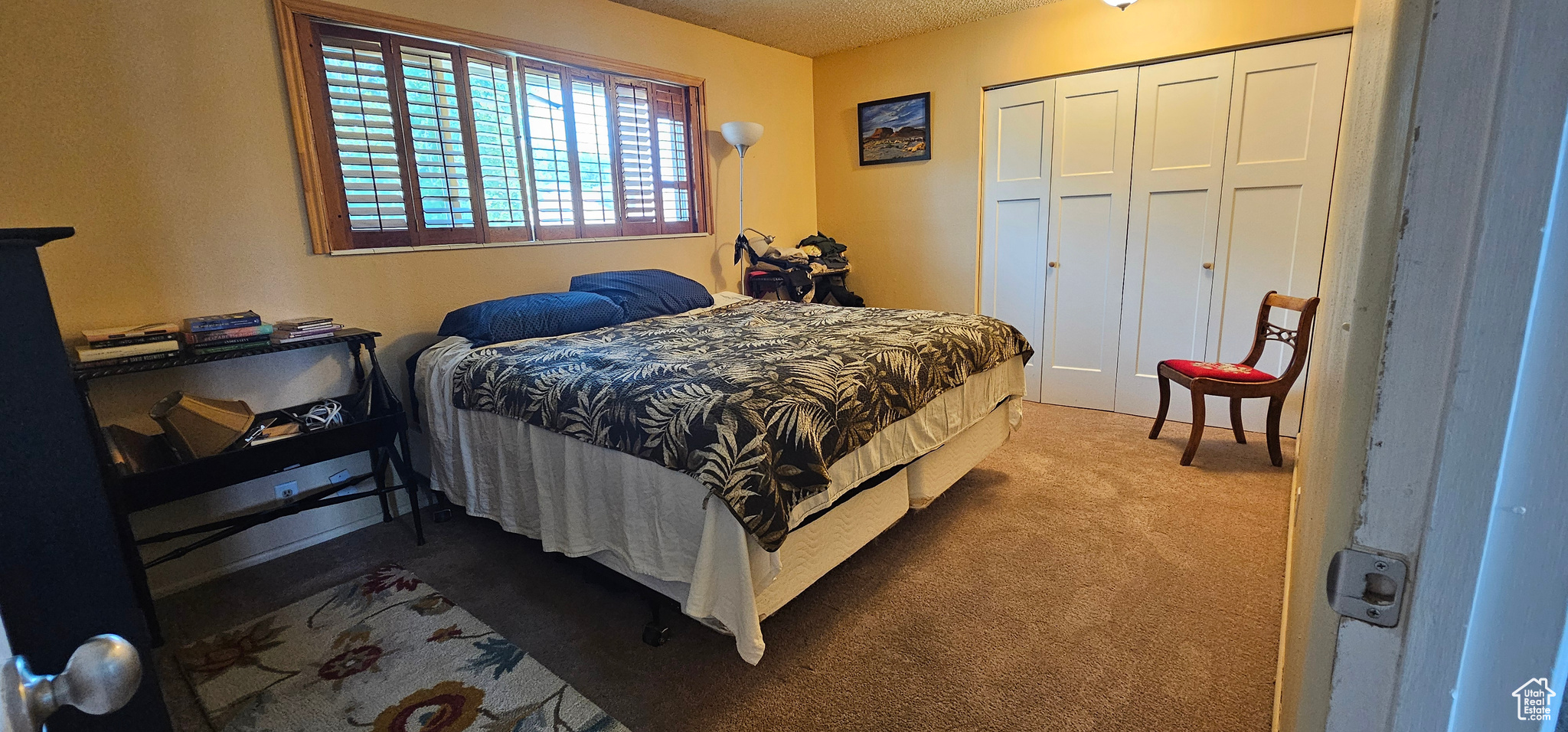 Carpeted bedroom featuring a closet