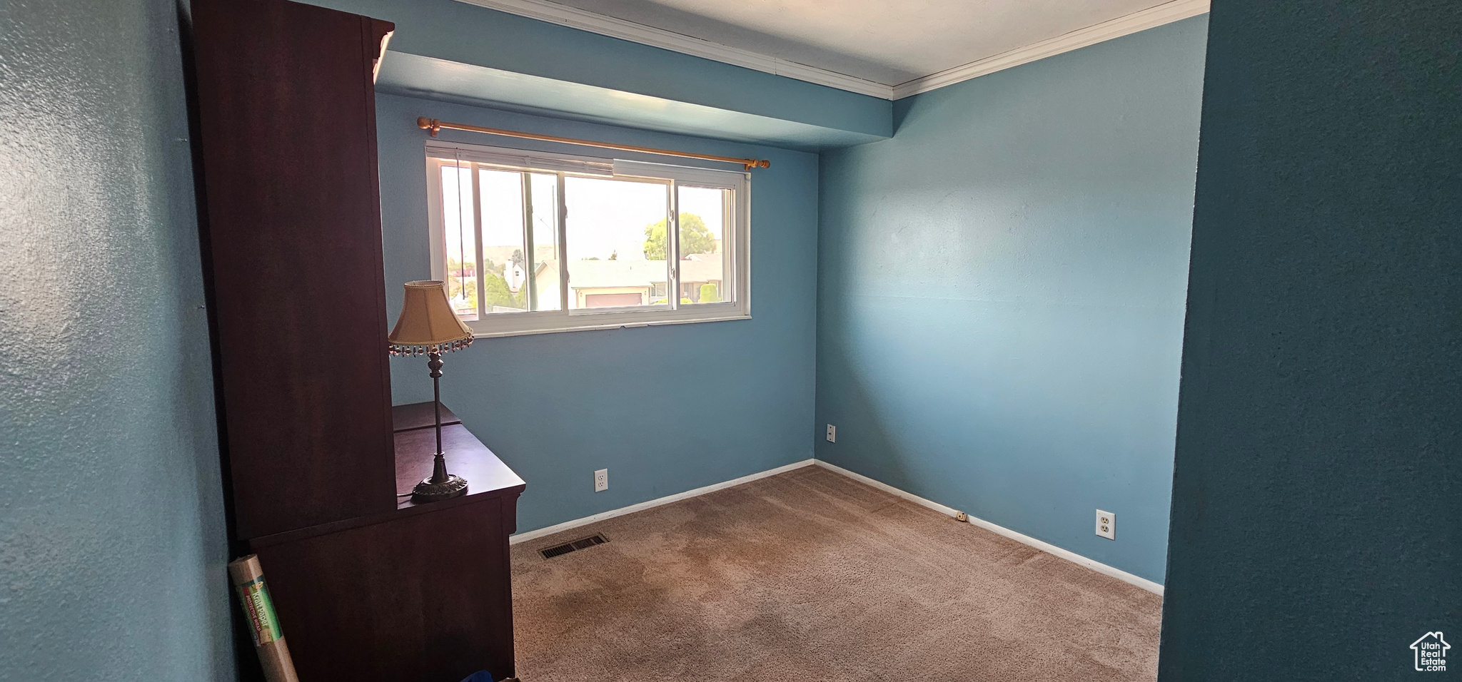 Carpeted spare room featuring crown molding