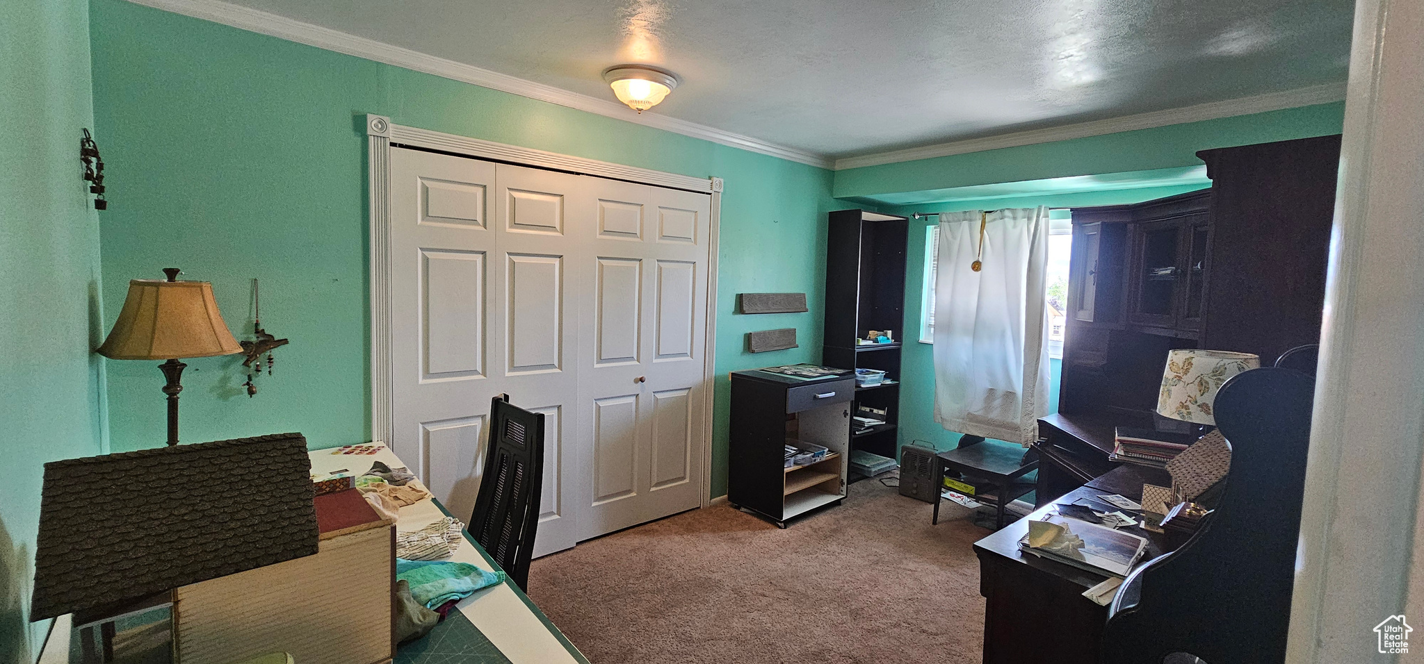 Home office with carpet and ornamental molding