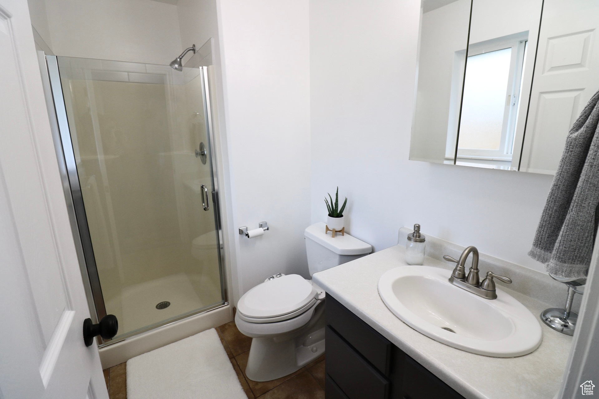 Bathroom with tile floors, an enclosed shower, vanity, and toilet