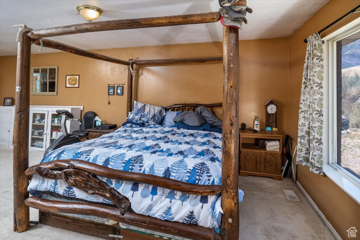 Large master bedroom with carpet flooring and a textured ceiling