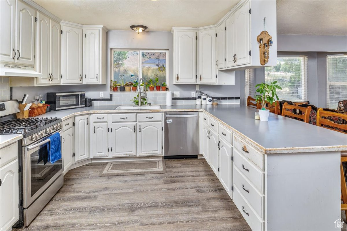 Kitchen with light hardwood / wood-style floors, lots of counter space, white cabinets, and appliances with stainless steel finishes