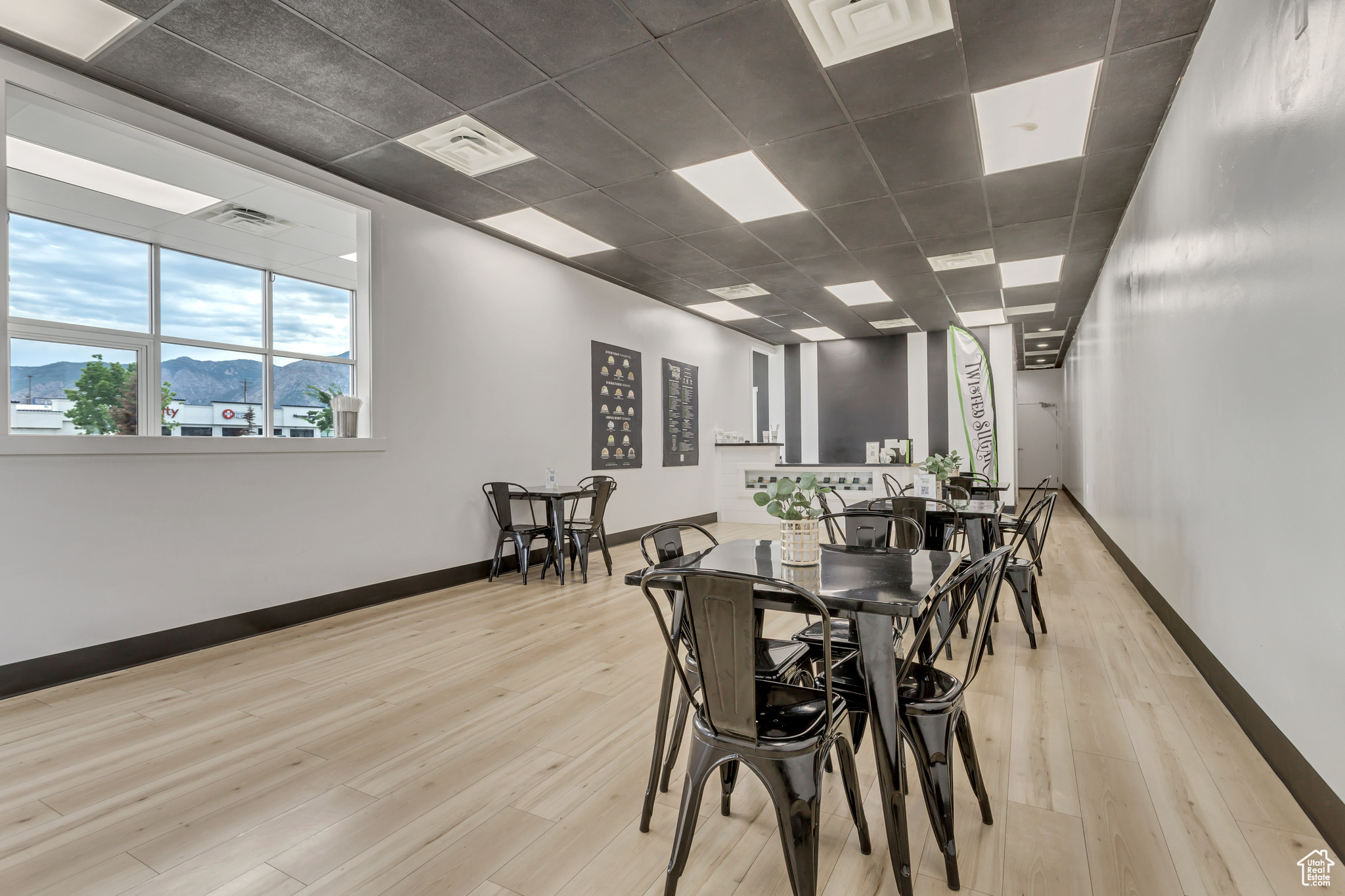 Dining room featuring a mountain view, light hardwood / wood-style flooring, and a paneled ceiling