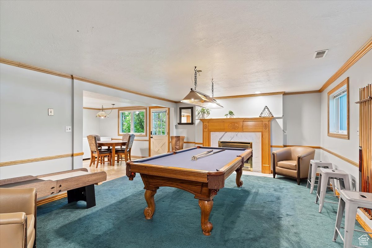 Playroom featuring a fireplace, ornamental molding, carpet flooring, and billiards