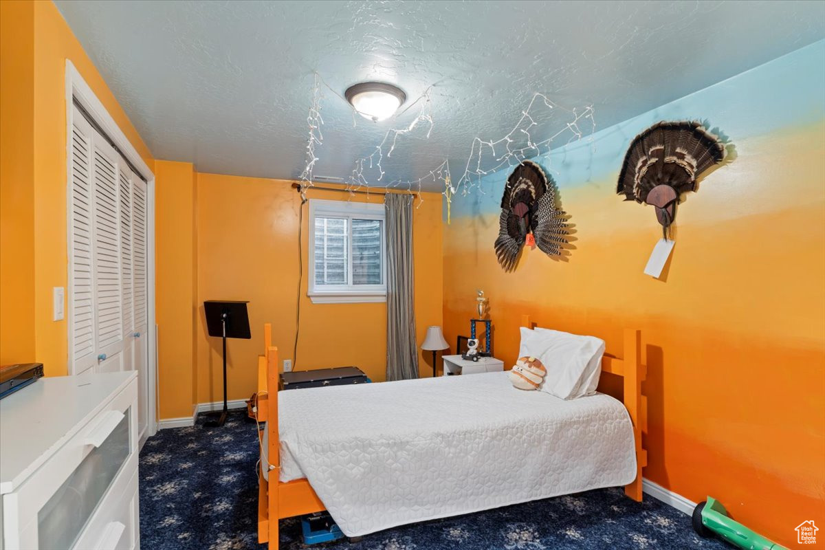 Carpeted bedroom featuring a closet