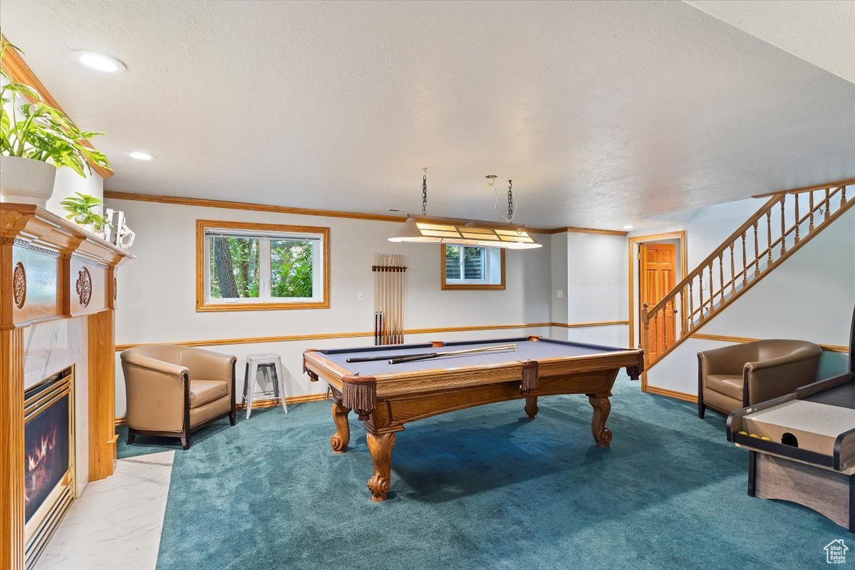 Rec room featuring ornamental molding, carpet flooring, a fireplace, and billiards