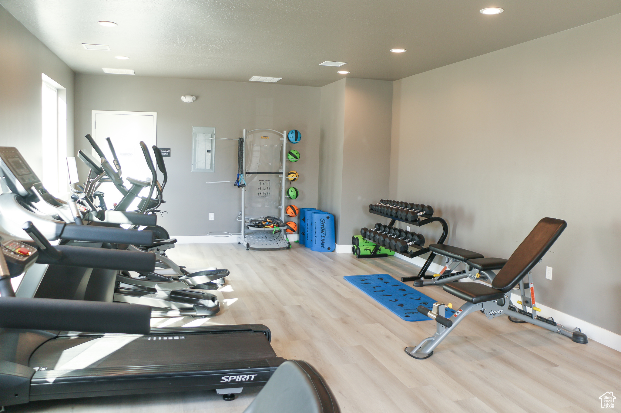 Gym with light hardwood / wood-style flooring and electric panel