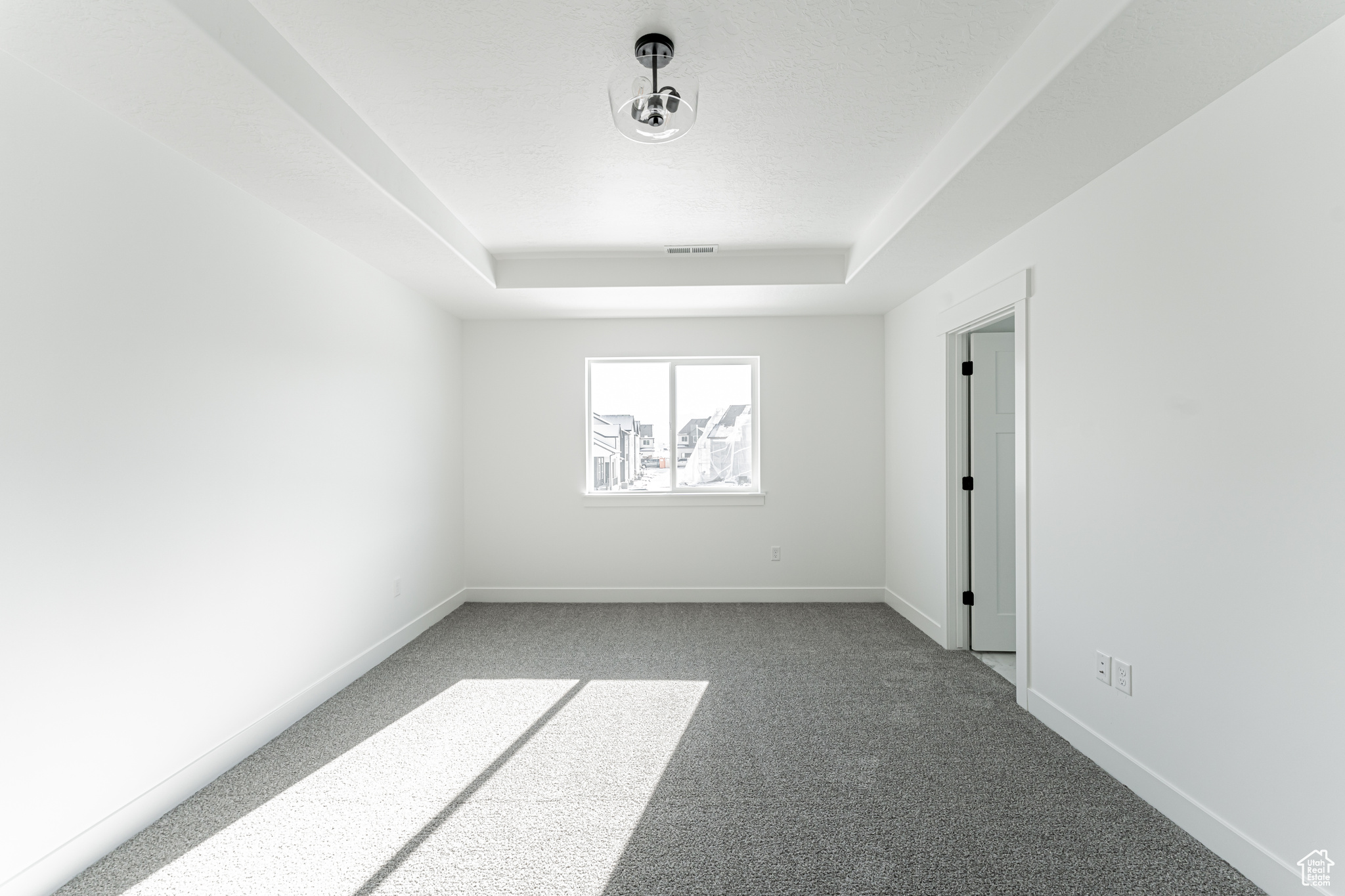 Unfurnished room featuring a raised ceiling and carpet