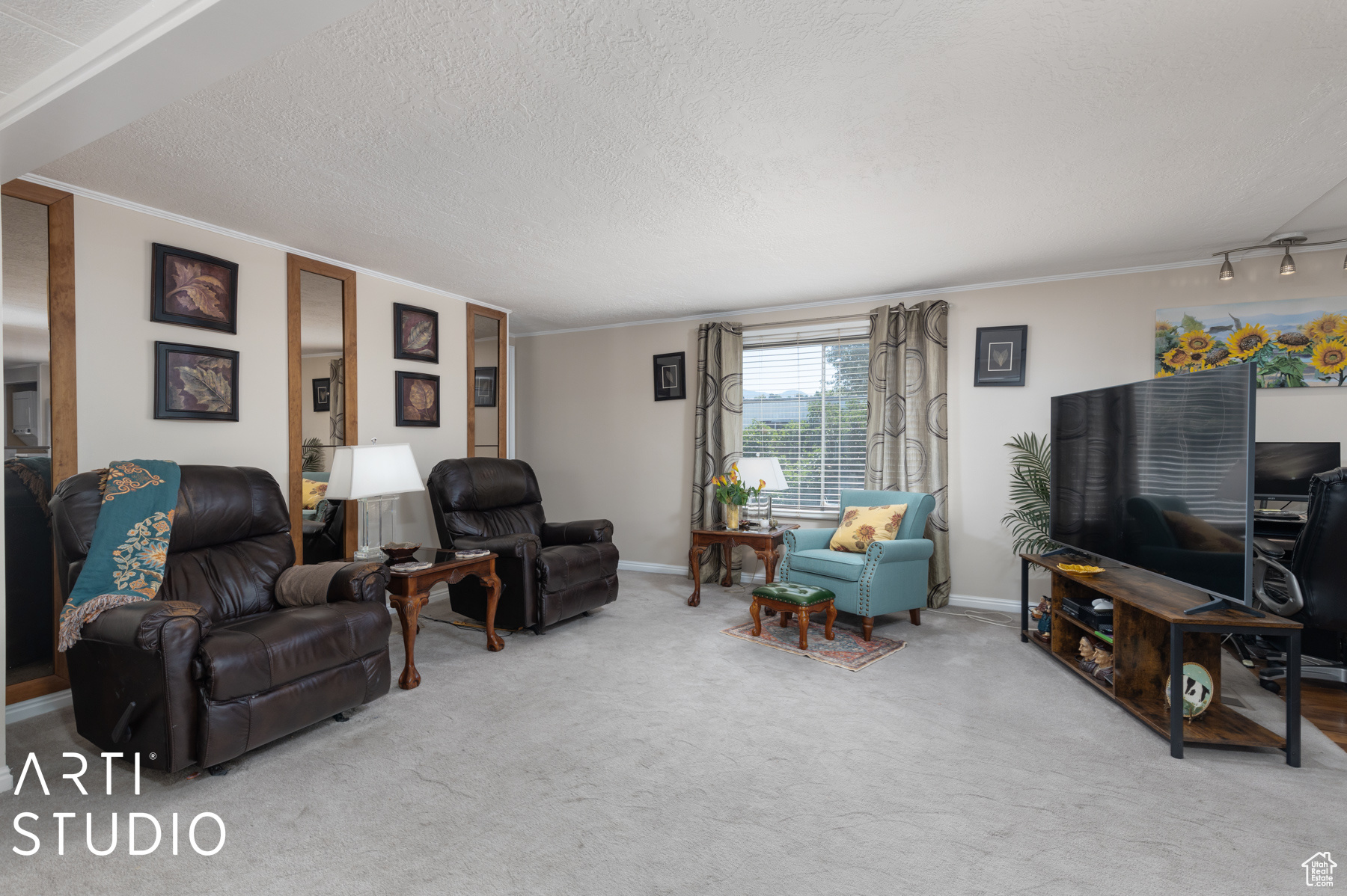 Carpeted living room featuring a textured ceiling, track lighting, and ornamental molding