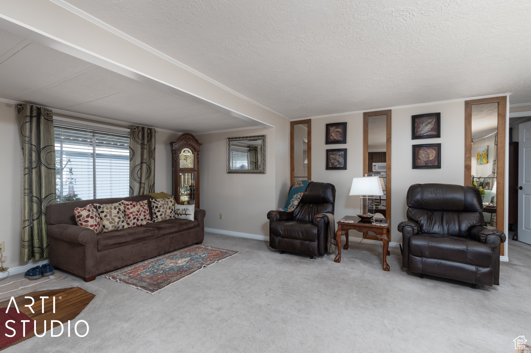 Living room with carpet flooring, a textured ceiling, and crown molding