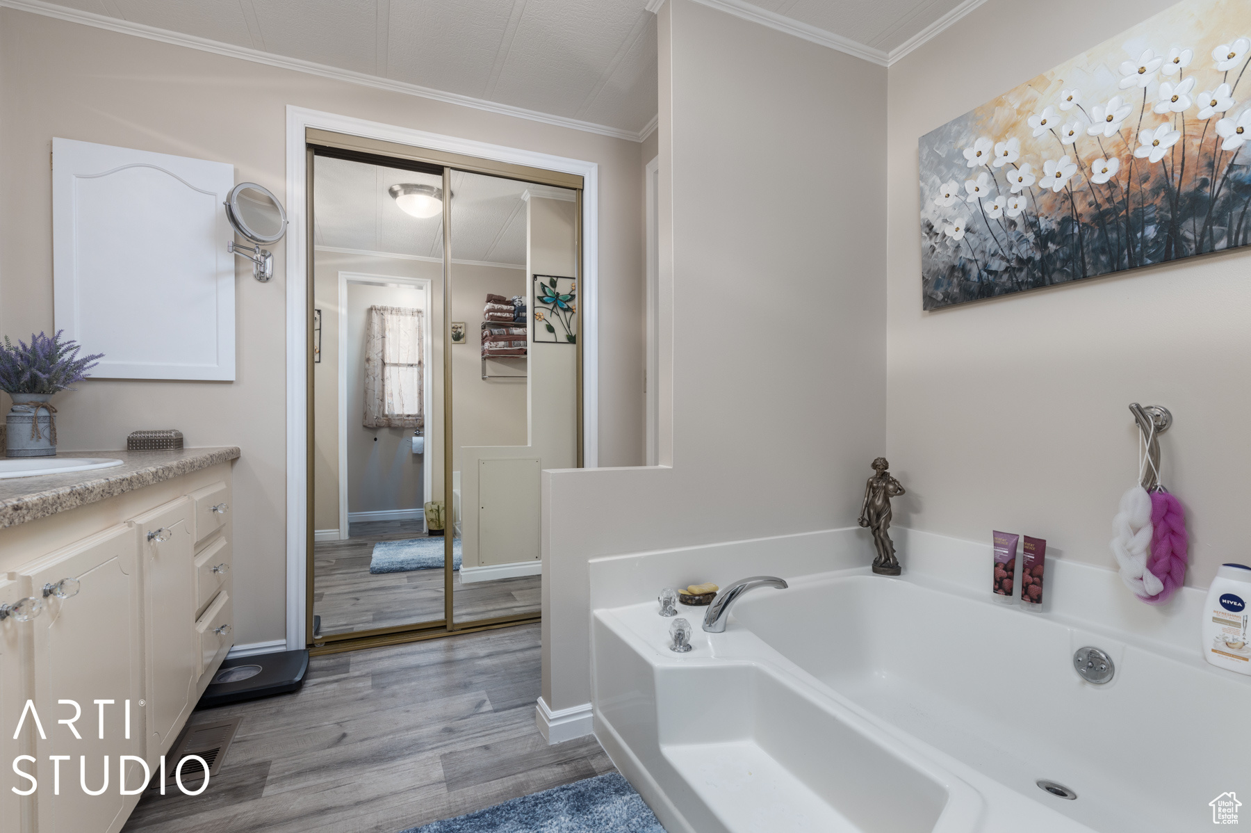 Bathroom featuring ornamental molding, vanity, a washtub, and wood-type flooring