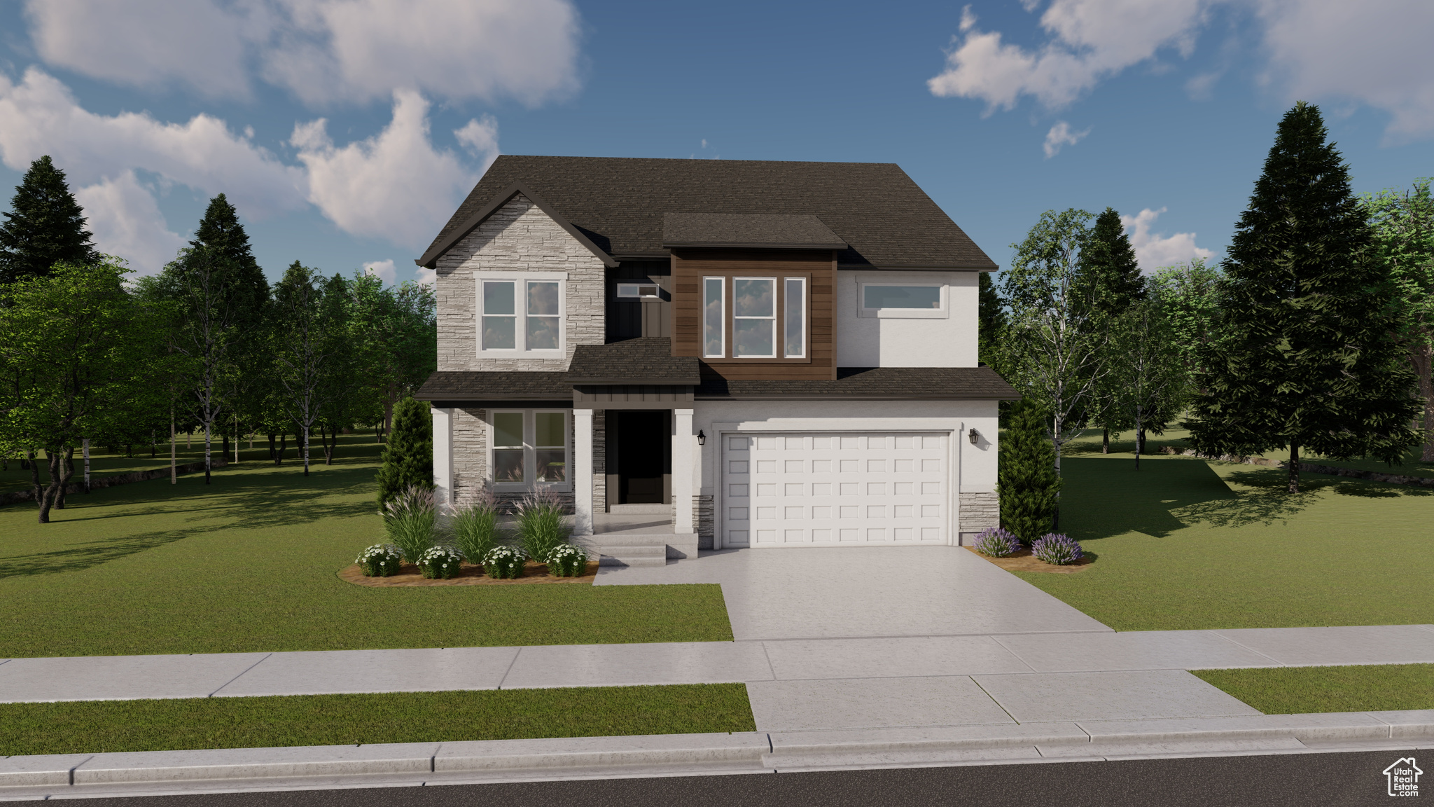 View of front of property with a garage and a front lawn