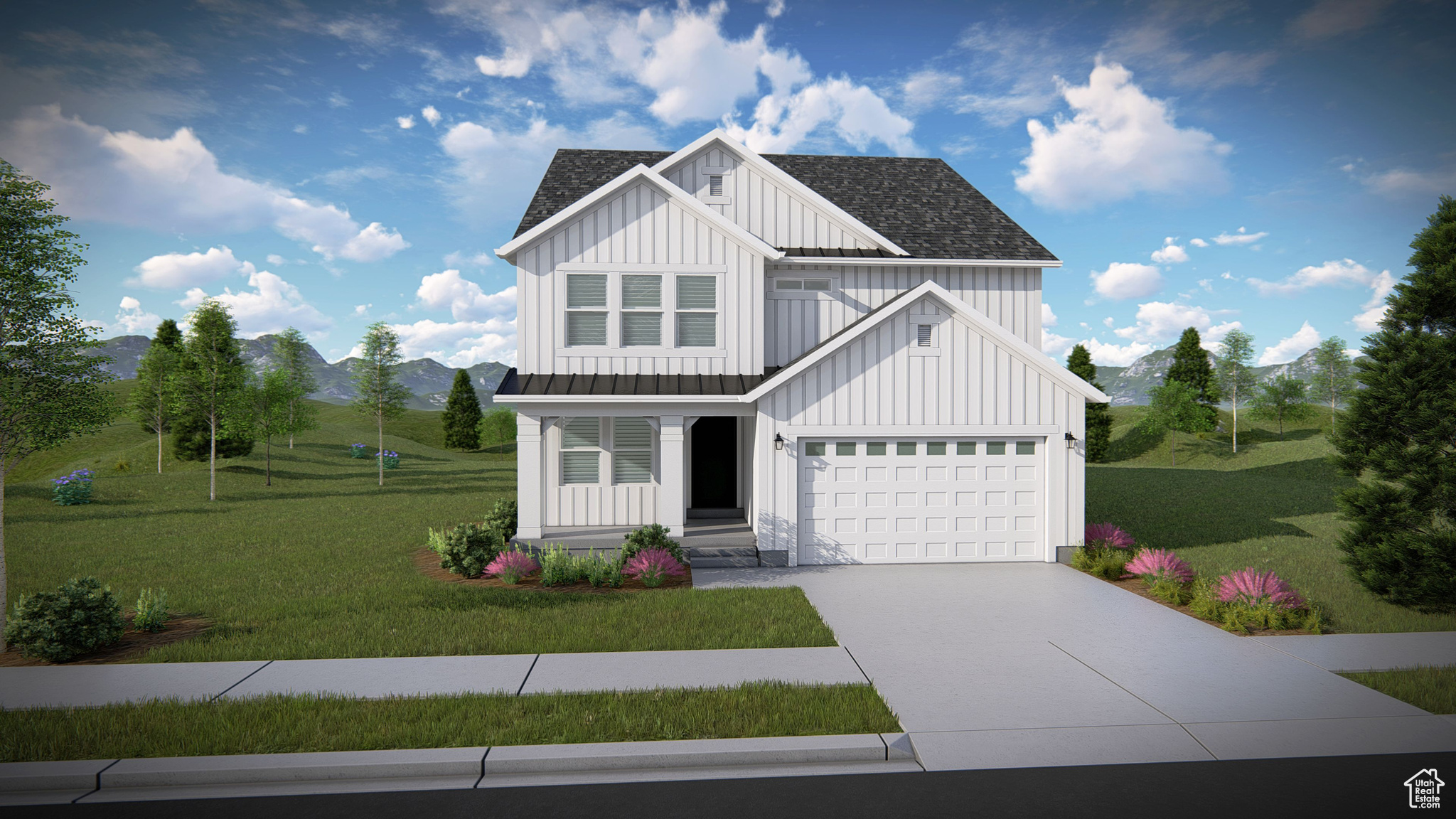 View of front facade featuring a garage and a front yard