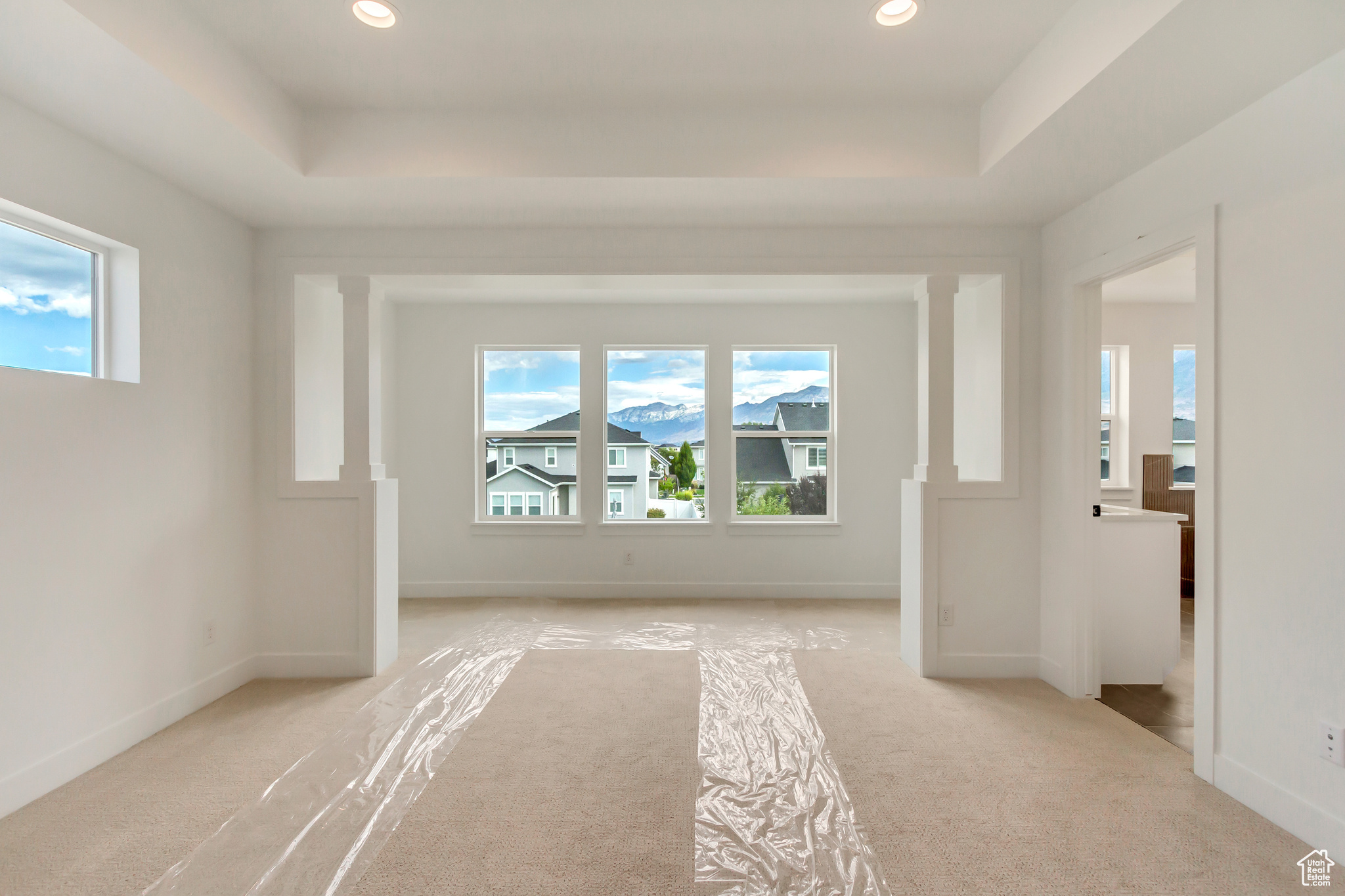 Unfurnished room with light colored carpet and a tray ceiling