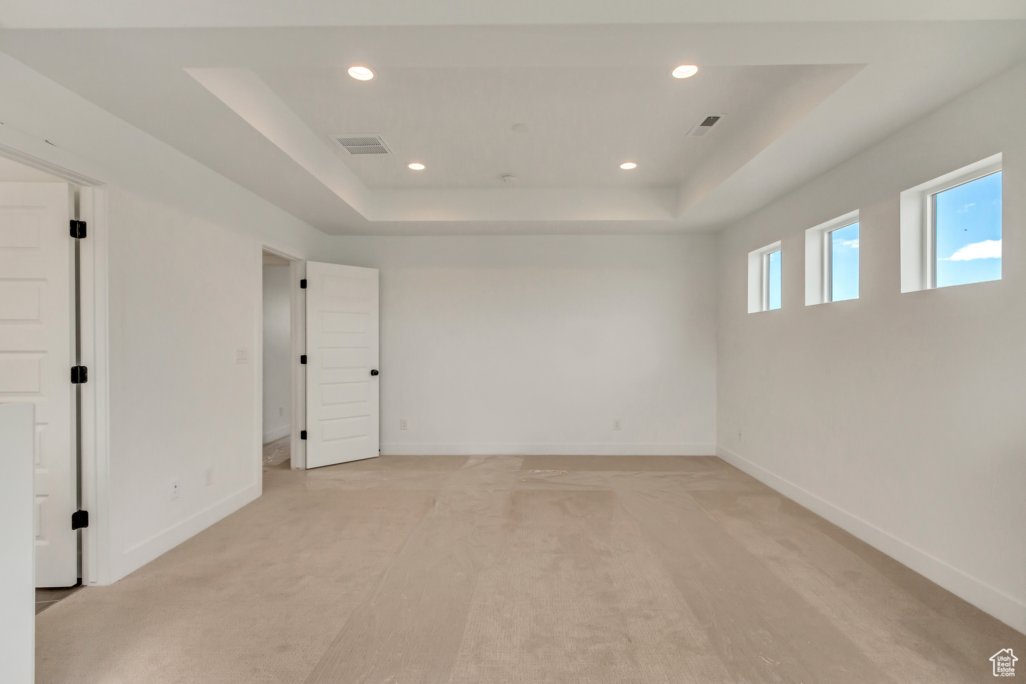 Carpeted spare room with a raised ceiling