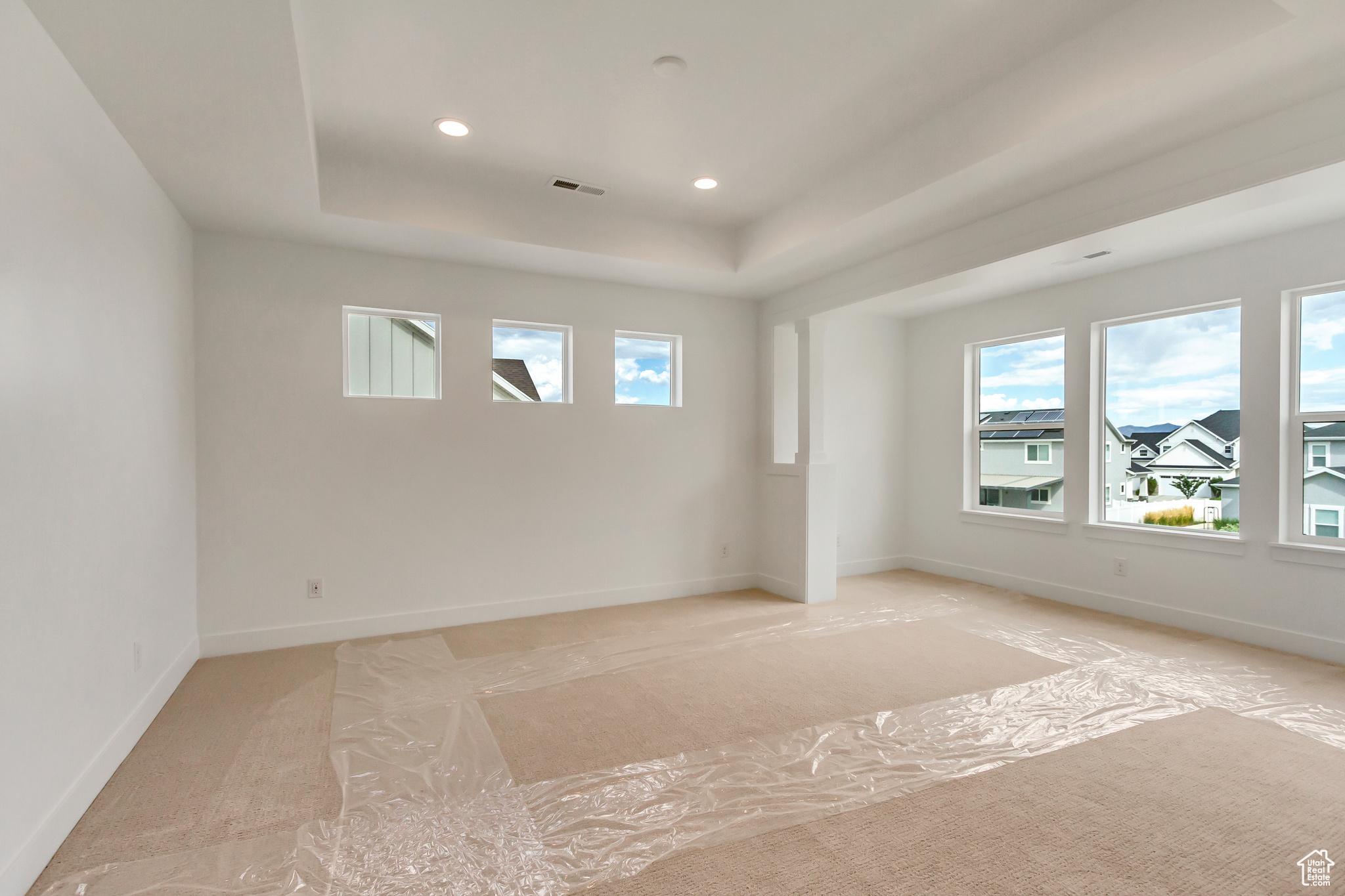 Carpeted spare room with a wealth of natural light and a tray ceiling