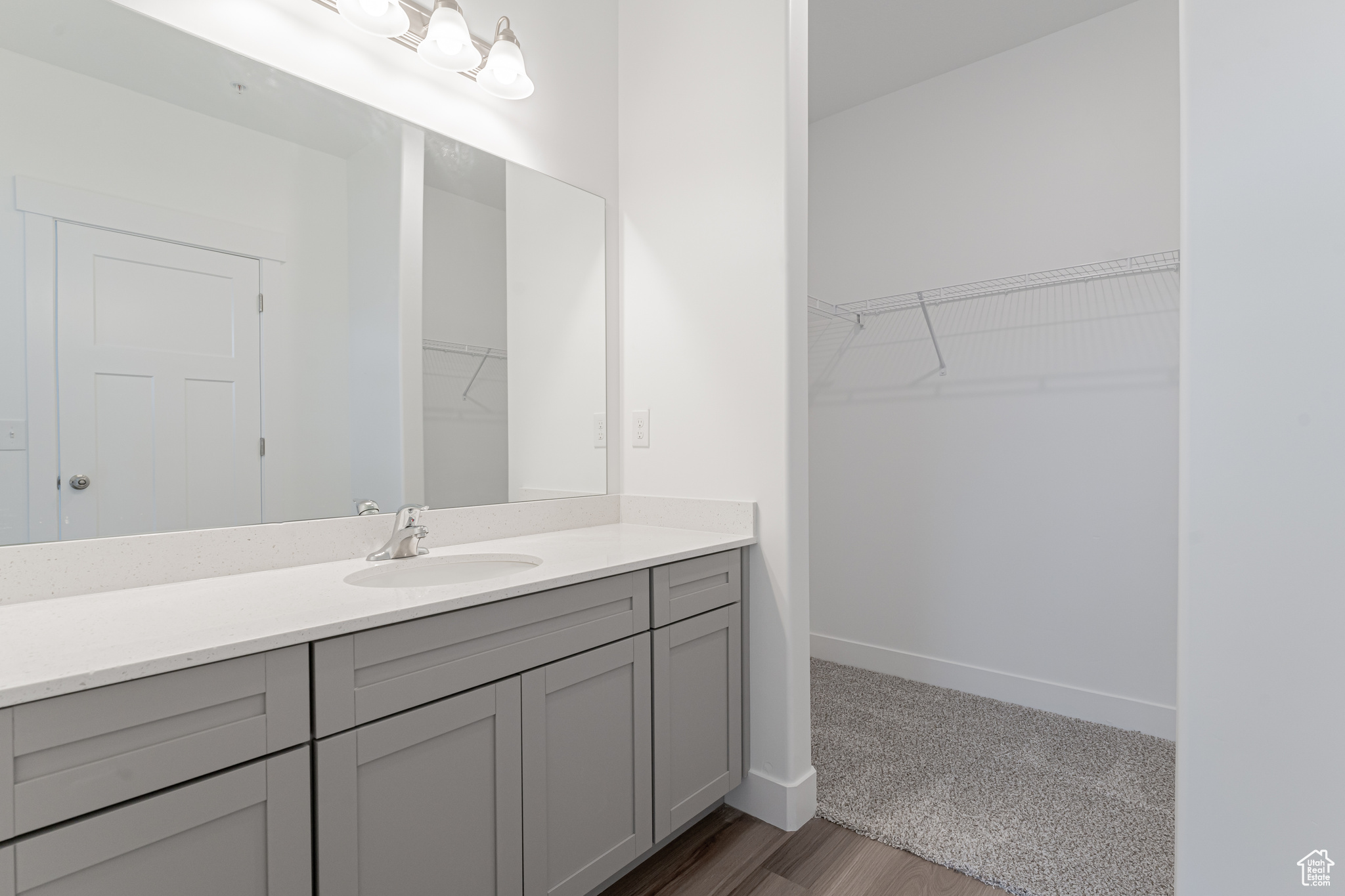 Bathroom with hardwood / wood-style floors and vanity