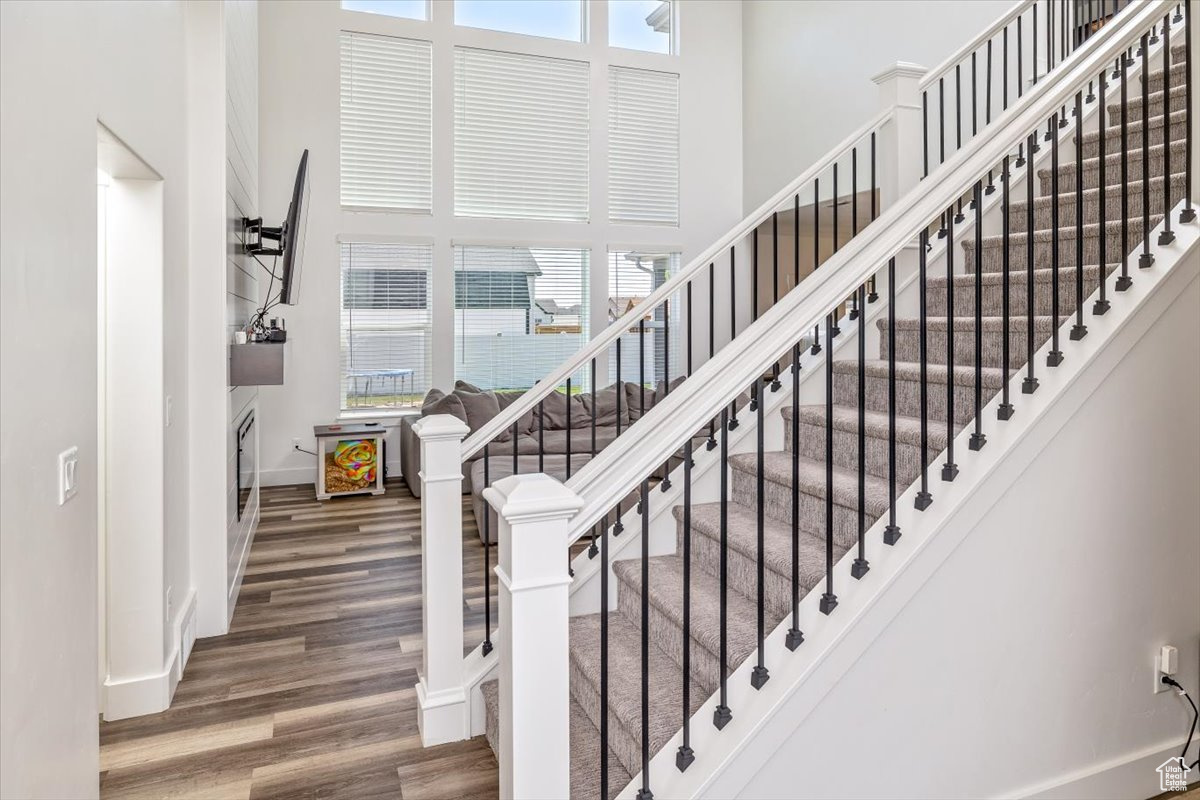 Staircase with hardwood / wood-style flooring and a high ceiling