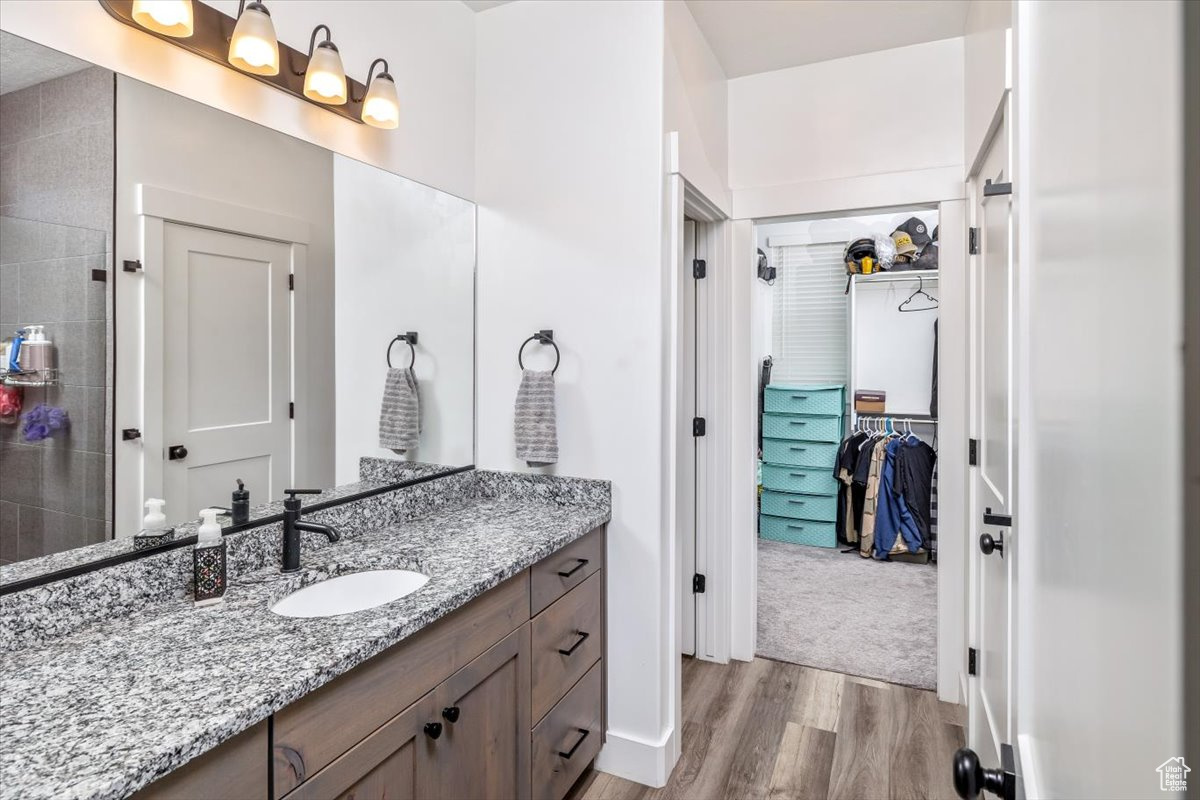 Bathroom with vanity and wood-type flooring