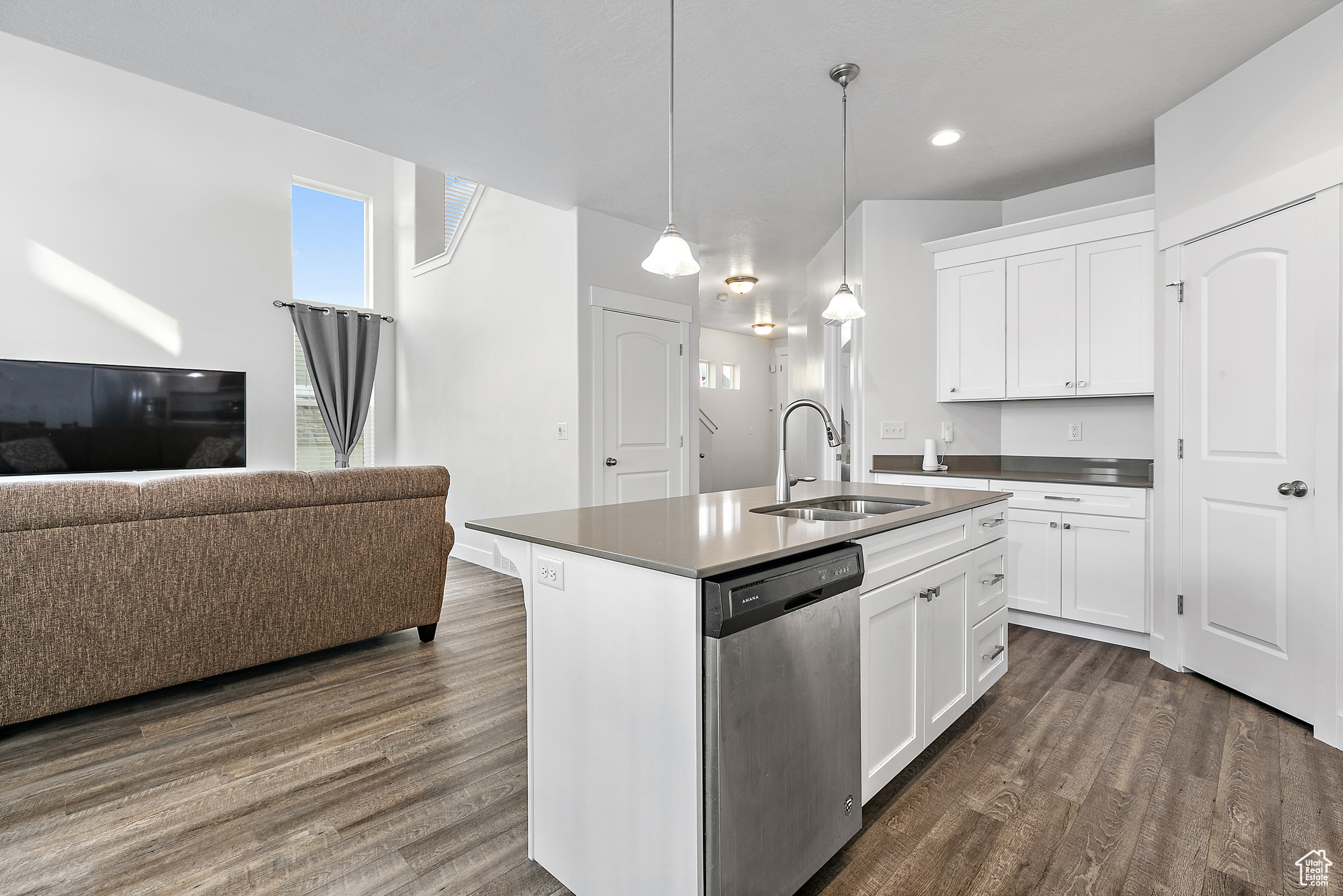 Kitchen featuring sink, dishwasher, dark wood-type flooring, and white cabinetry