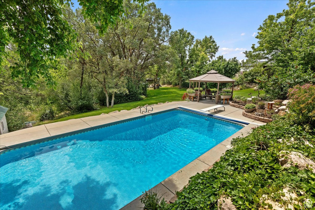 View of pool with a patio, a diving board, and a gazebo