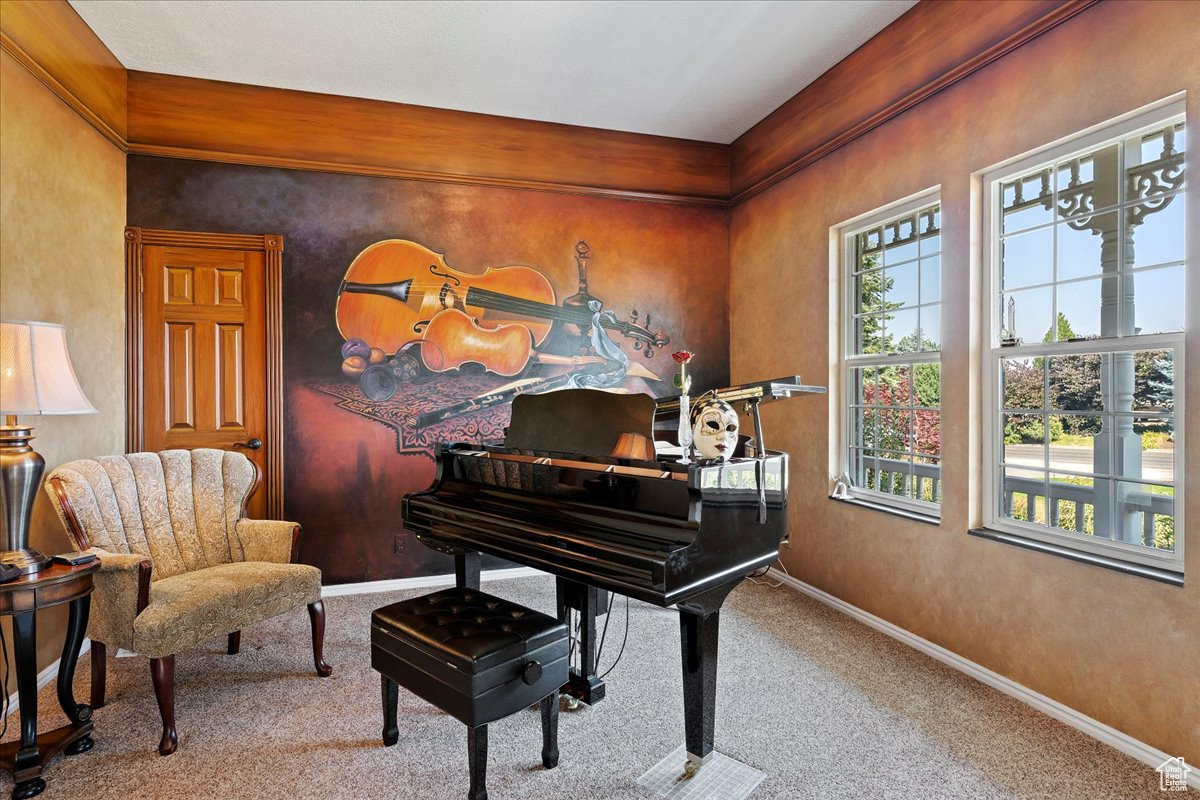 Bedroom/piano room featuring carpet