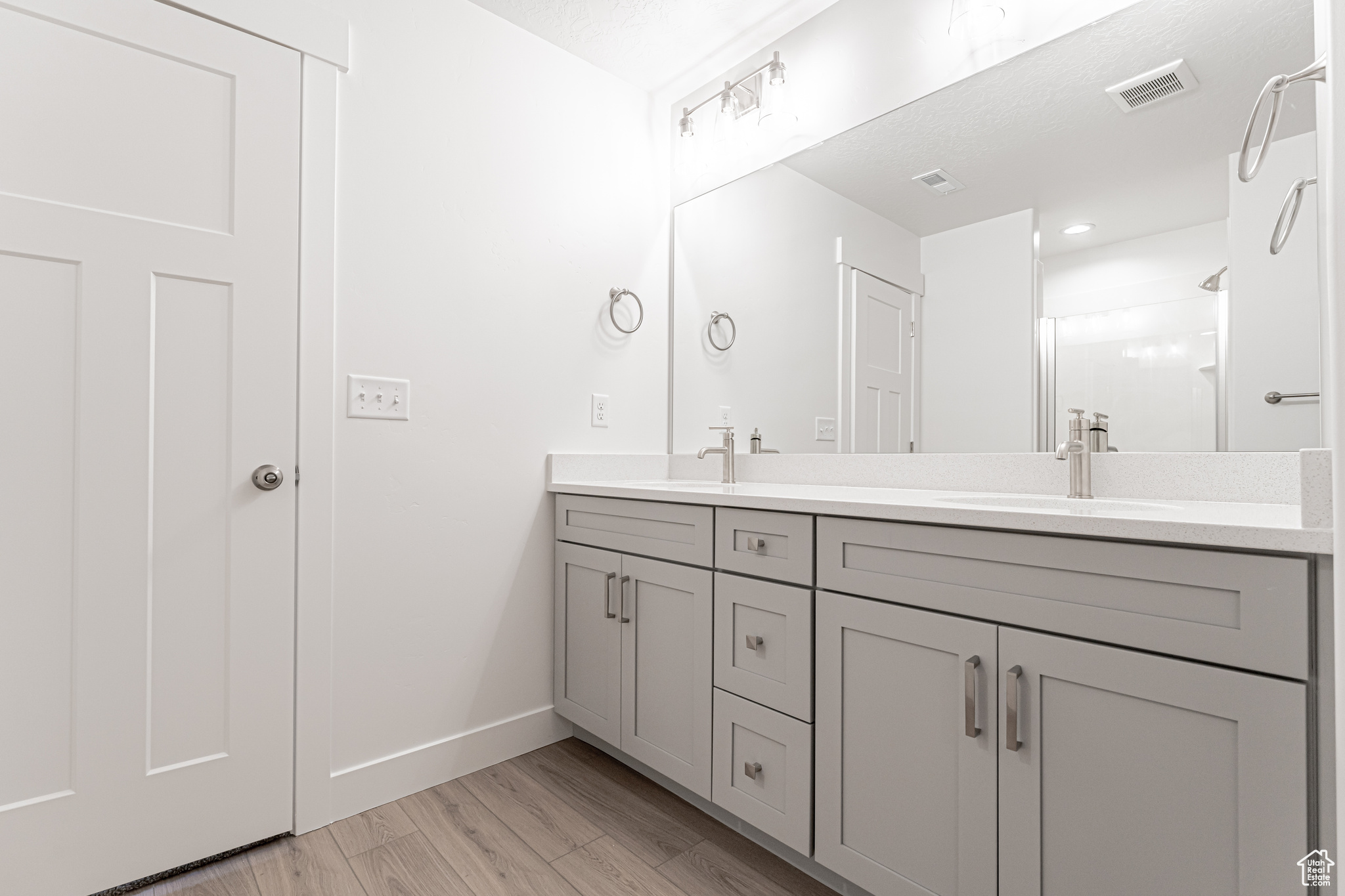 Bathroom with vanity and wood-type flooring