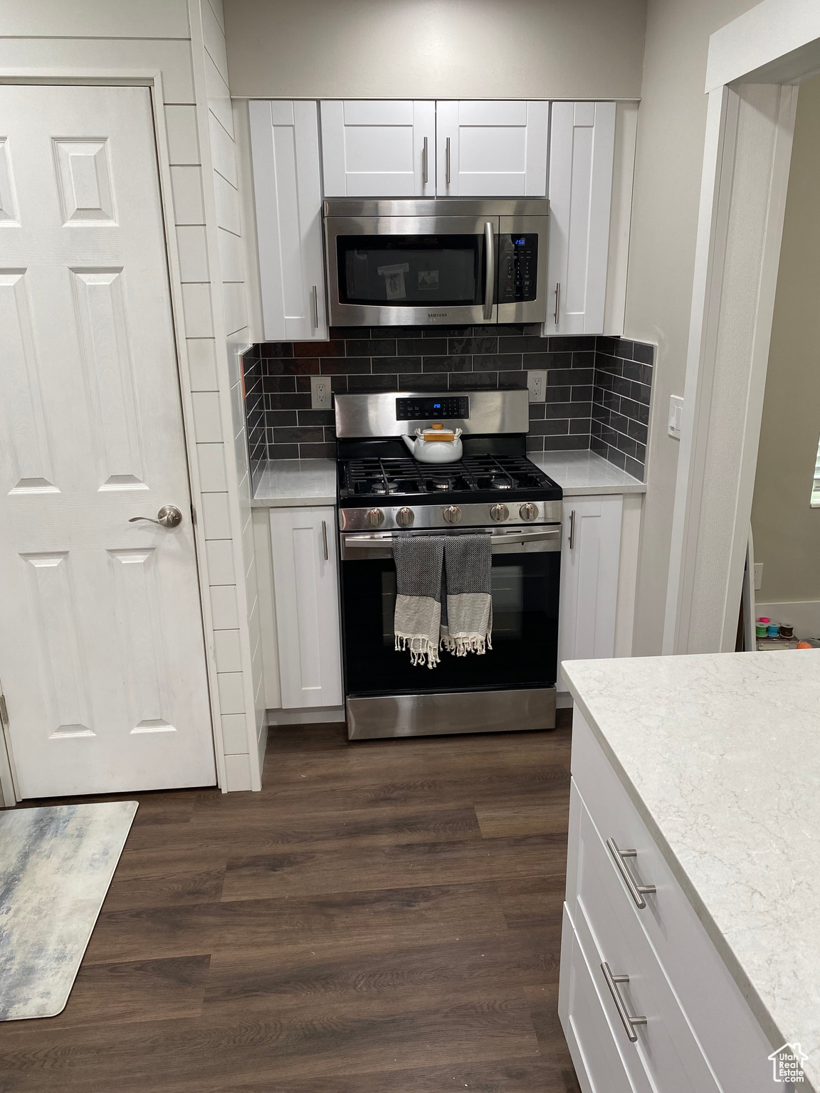 Kitchen with white cabinets, dark hardwood / wood-style flooring, stainless steel appliances, and tasteful backsplash