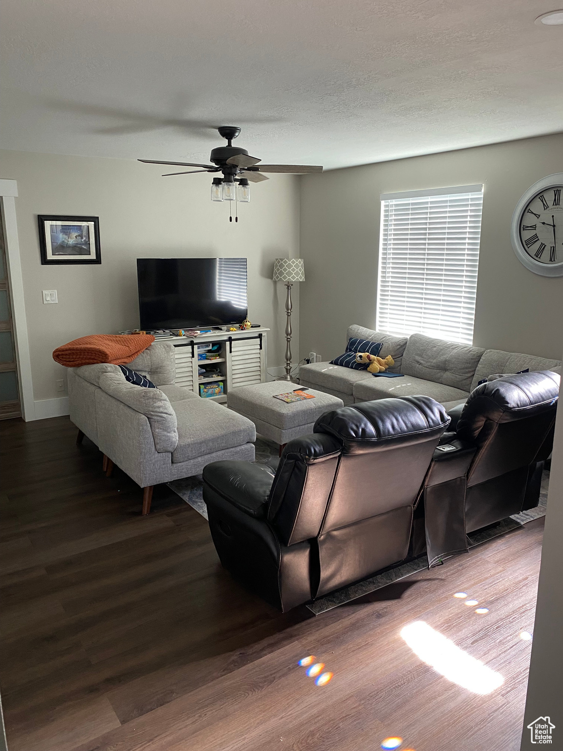 Living room with ceiling fan and hardwood / wood-style floors